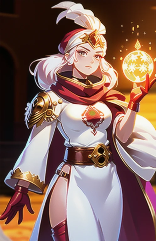 Concept art,2D anime style,Hand drawn work,Persian costume,1 girl,Female focus,Raja poetry,Single,beard,gloves,robe,belt,red gloves,internal,Blurred background,Feathers,sheath,Bandana,Acquaintance,Blur,shield,hand up,magic,White head cover,Cowboy shot,white robe,floating,large breasts,