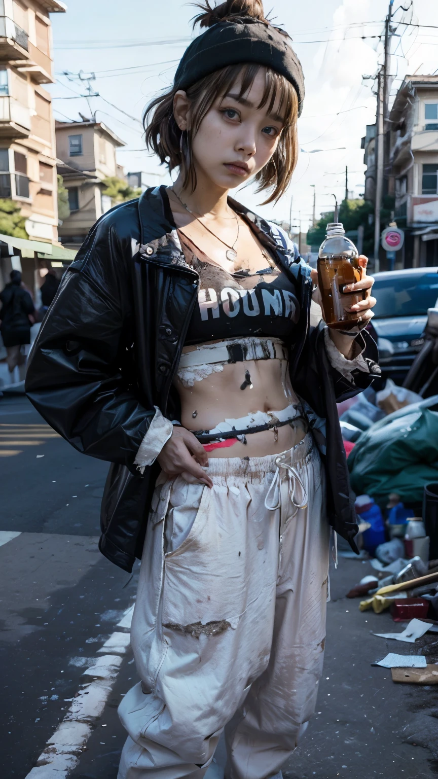 (((Brown glass medicine bottle,He had a suspicious drink))),With bangs,ストレートミディアムボブカットのHomeless韓国人女性,A 21-year-old Korean woman surrounded by a pile of garbage,No hat,aespakarina,((Very displeased look)),(((Homeless))),((( Bad smell,Oil,Mud stains,shit,dirty))),(((Frowning,Glaring at the camera))),Very fine eye, Flat Chest,(((Wearing a tattered black coat))),(((Tragic))),(make:1.4),Big eyes,Frowningを寄せた表情,hiphop dancer,Gangster-style long pants,wearing edg90hh_clothing,8k,High definition,gang style