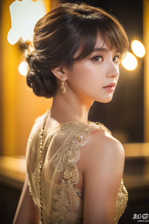 masterpiece, highest quality, ultra detailed, high resolution, (realistic, photo-realistic:1.37), good anatomy, 1 beautiful woman, voluminous updo, natural wavy, pixie cut, looking a viewer, (cinematic:0.7), depth of field, exteriors, night time, (character on front:1.3), ivory hair, golden eyes, ((upper body)), best light, best shadow, mysterious, perfect face, highly detailed,
