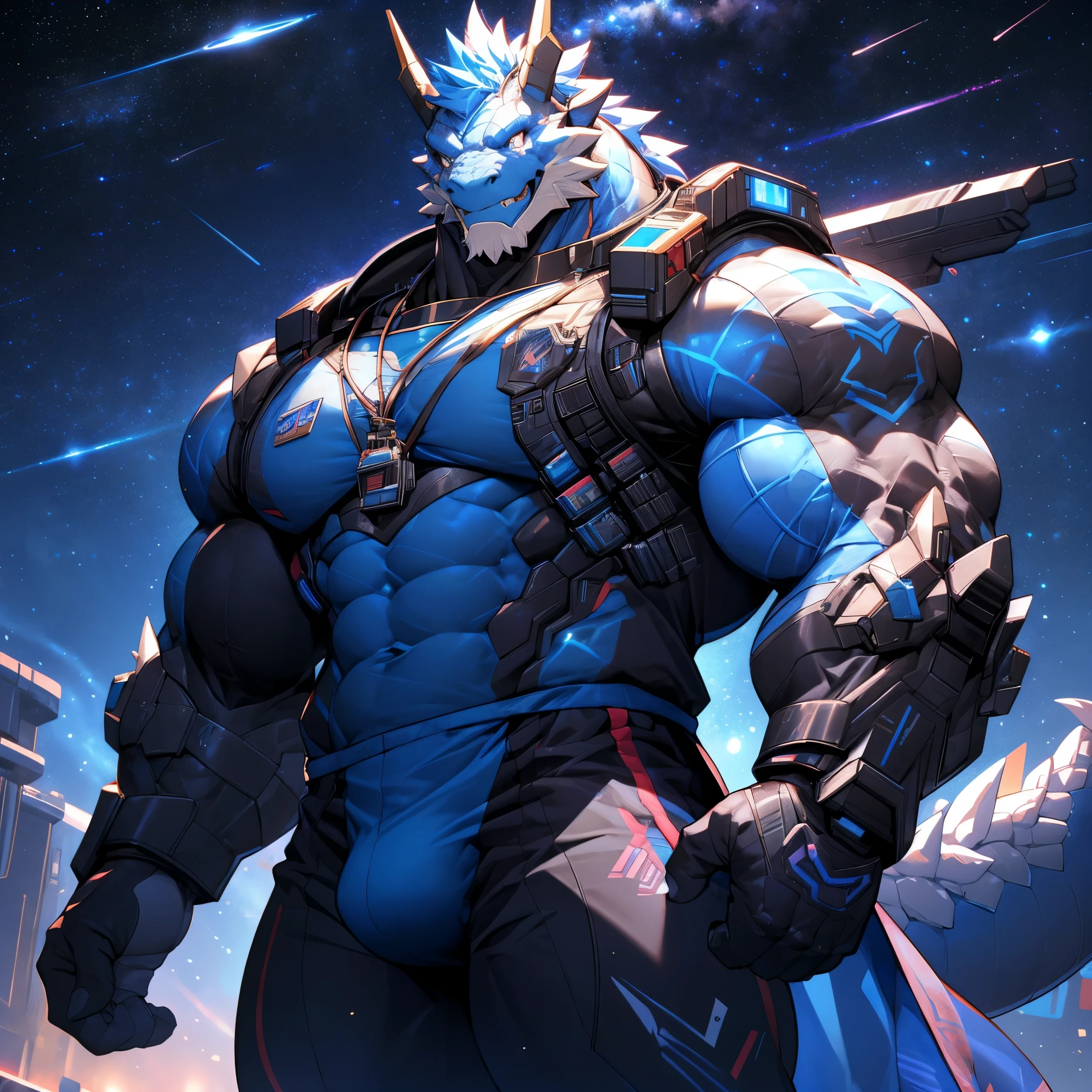 Muscular white dragon, pectoralis major, Heavyweight, Bodybuilder figure, Wearing cyberpunk mechs, Dress, Large bulge at the crotch, View of the Milky Way from a spacecraft, In the Universe, Bright smile emoticon, sparkling skin, Vibrant colors, 4K, realism, Cool lighting