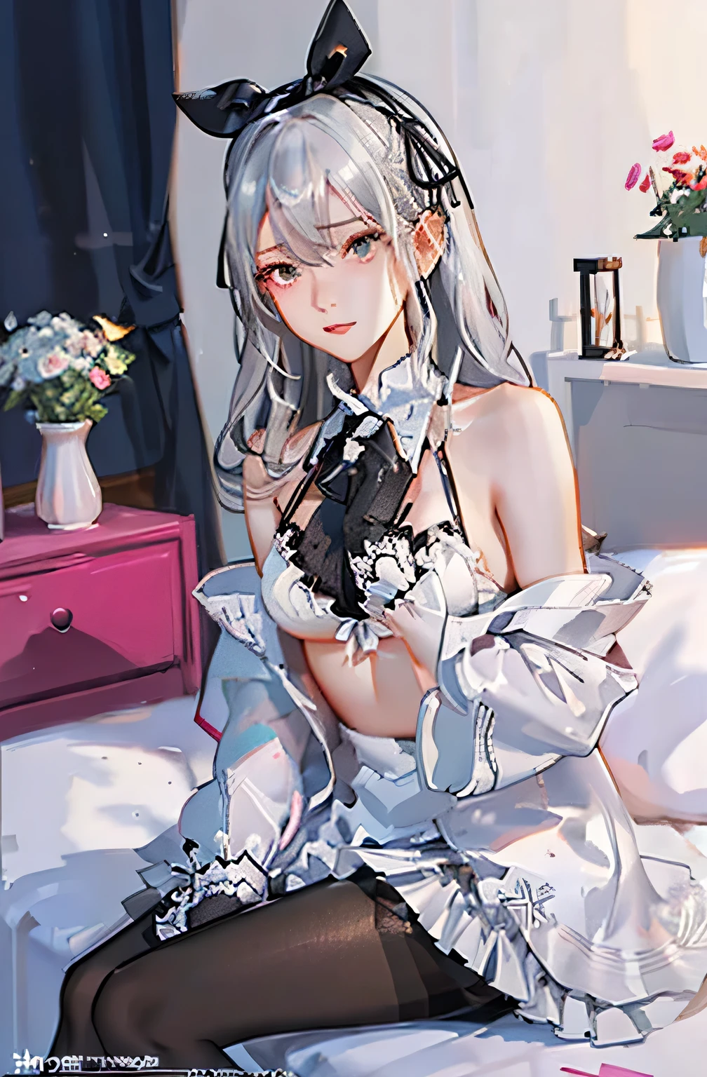 (((1 girl)),Ray Tracing,(Dim lighting),[Detailed Background (Bedroom)),((Silver Hair)),((Silver Hair)),(Fluffy Silver Hair, Plump and slender girl)) Raised ponytail)))) Avoid blonde eyes in the ominous Bedroom ((((Girls、She wears intricately embroidered black high-waisted pants and pantyhose.。) White frilly ribbon gloves), Showing off a delicate, slim figure and graceful curves, Correct limbs, Sitting on the bed、8K、Perfect female body、Red line clothes、8K、High quality、Naughty fashion、Big Breasts、Eros、Lingerie、Pink outfit、bikini