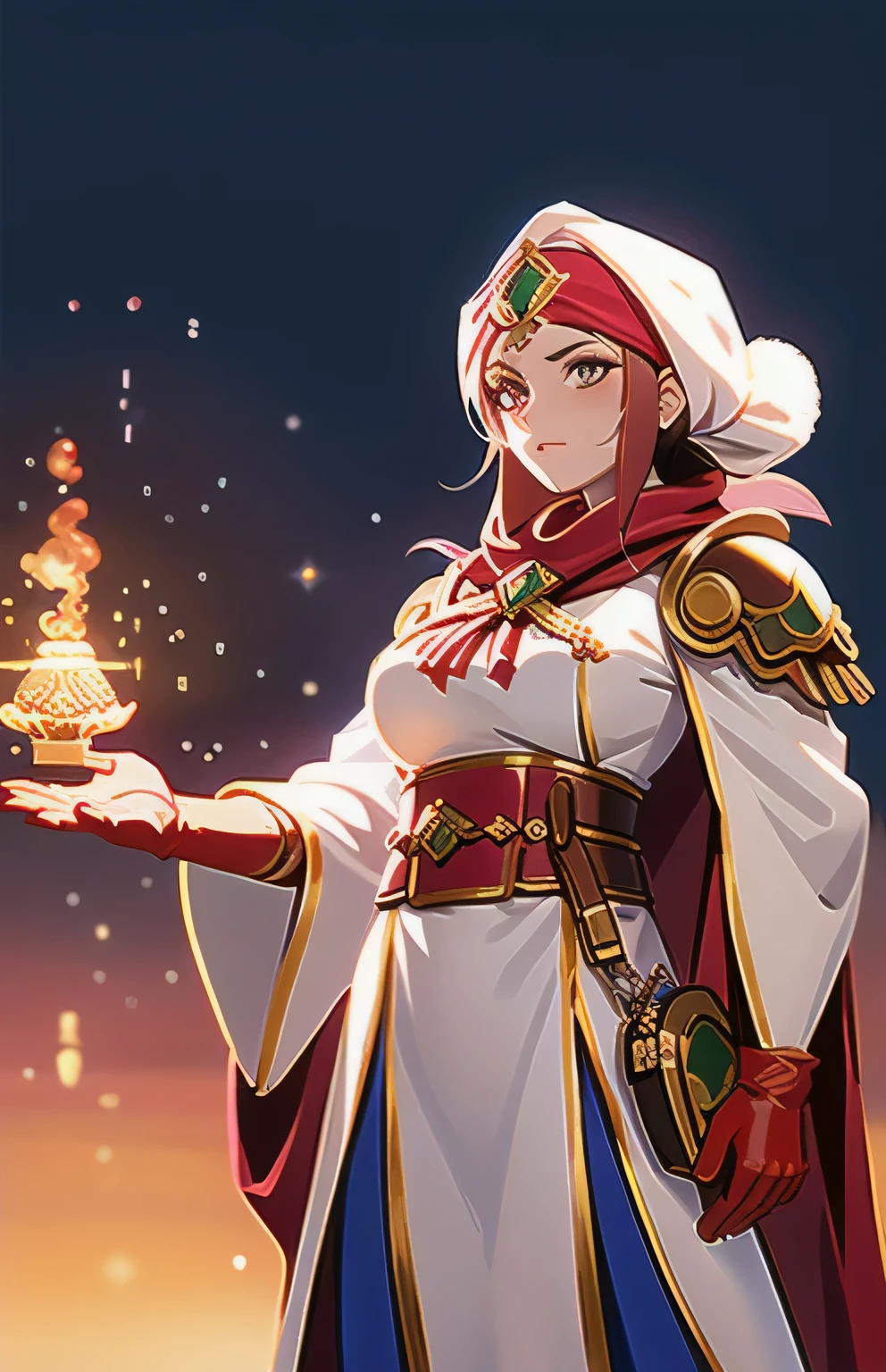 Concept art,2D anime style,Hand drawn work,Persian costume,1 girl,Female focus,Raja poetry,Single,beard,gloves,robe,belt,red gloves,internal,Blurred background,Feathers,sheath,Bandana,Acquaintance,Blur,shield,hand up,magic,White head cover,Cowboy shot,white robe,floating,large breasts,