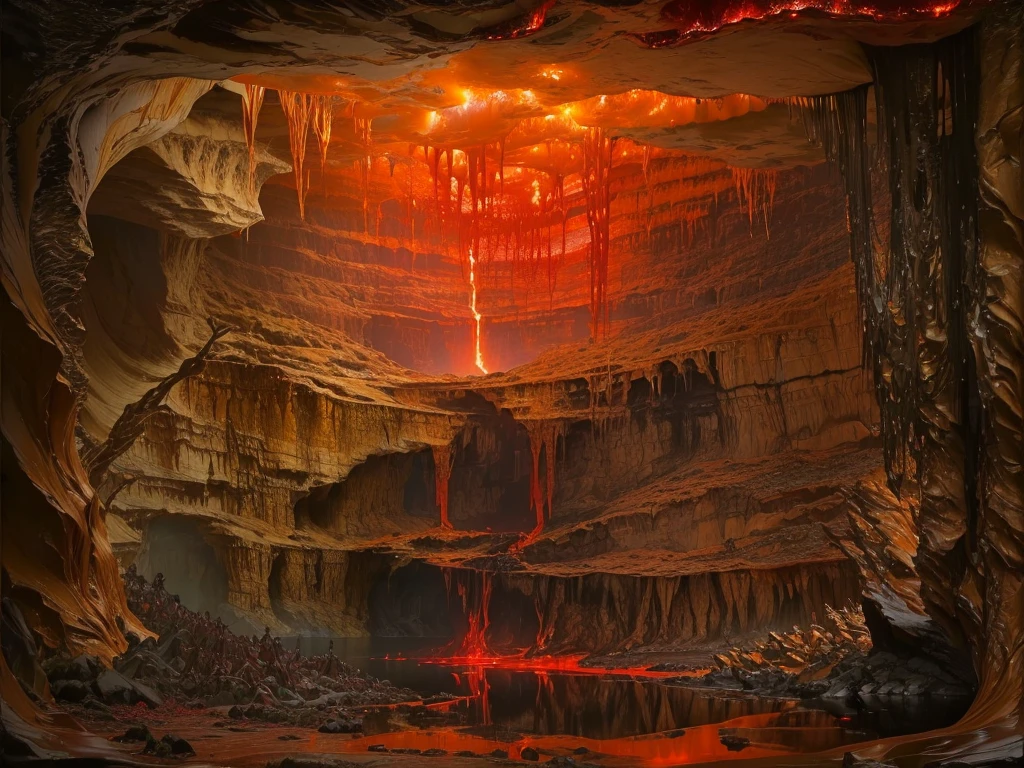 The Golden Cave, Hyperreal Hell, Blood River in Hell, Hellscape, stormy lake of blood, hellish background, Bikini. fon ada. blood, Deep cave landscape with mandel bulbs, Dante's painting "Hell", rivers of red lava, Slime mold, hellish art in good quality, bloodbath battlefield background