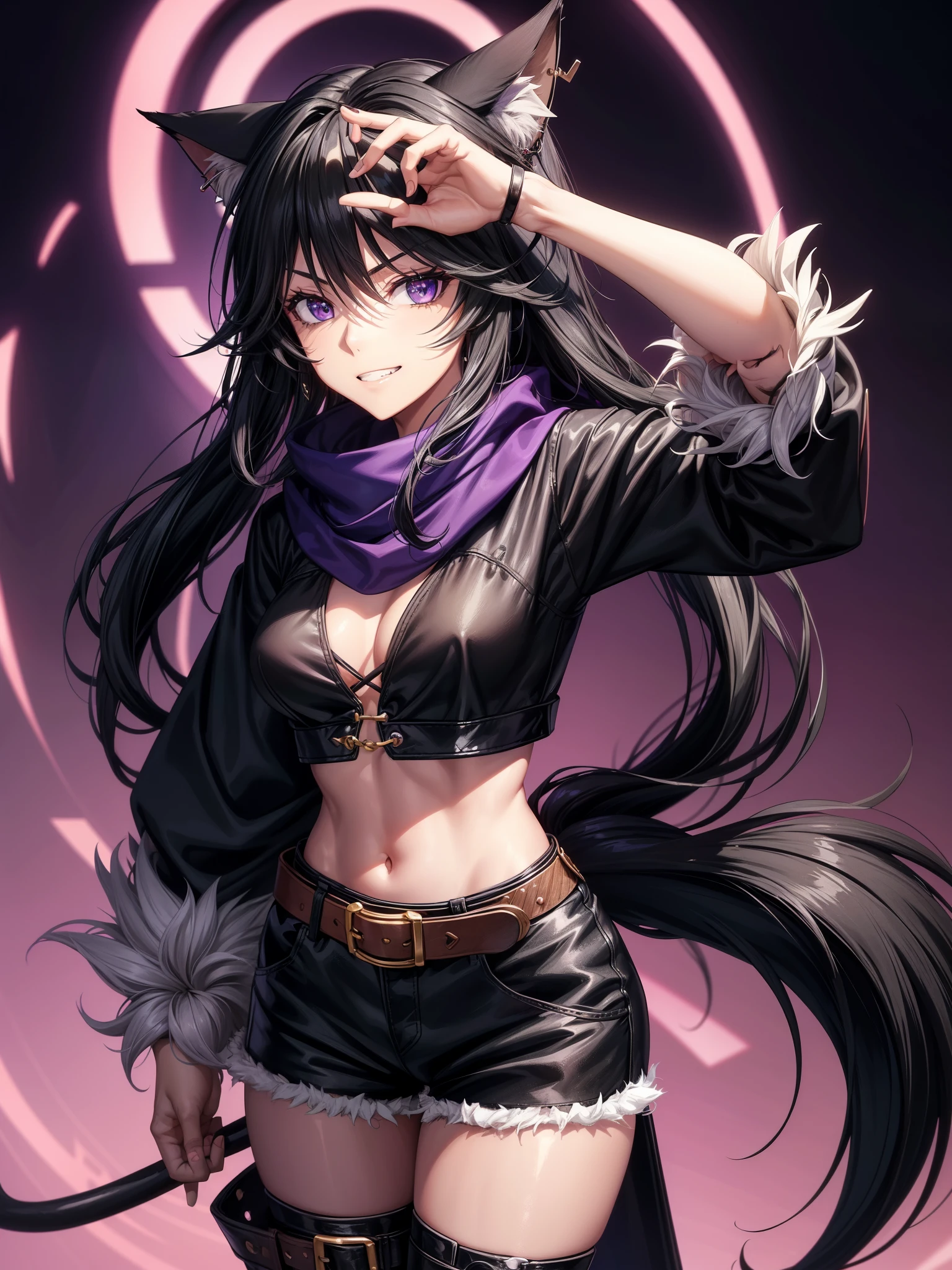 (score_9、score_8_up)、score_7_up、score_6_up、Cat girl、fur、Anthro、El Sword、Short Stack、whole body、Keidran、solo、(Witch Hat)、animal、(Body hair)、(Black body、Dark Skin、黒いfur) 、eyelash、eyeliner、(Black Hair、Purple Hair、Streak hair)、(Long Hair、Messy Hair、Wild Hair)、Animal Ears、Grin、tooth、Purple silk、Slit pupil、Beautiful Eyes、thin tail、tail wheel、punk、Earrings、scarf、bandage、Medium breast、Crop top、belt、Shorts、Digigrade、No correction、