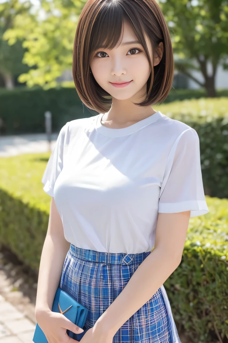 8K,masterpiece,Japanese,20 year old girl,from the front,smile,cute,innocent face,innocent,gentle eyes,,white t-shirt,short sleeve,A short blue checked skirt,,noon,bright,standing,Do not emphasize the top of the bust, (Fot from the waist up), , Amazing face and eyes, (silky brown hair, (hime cut hair:1.2)), , small_bust, , delicate, (Best Quality:1.4), (beautiful face),, , (highly detailed Beautiful face),