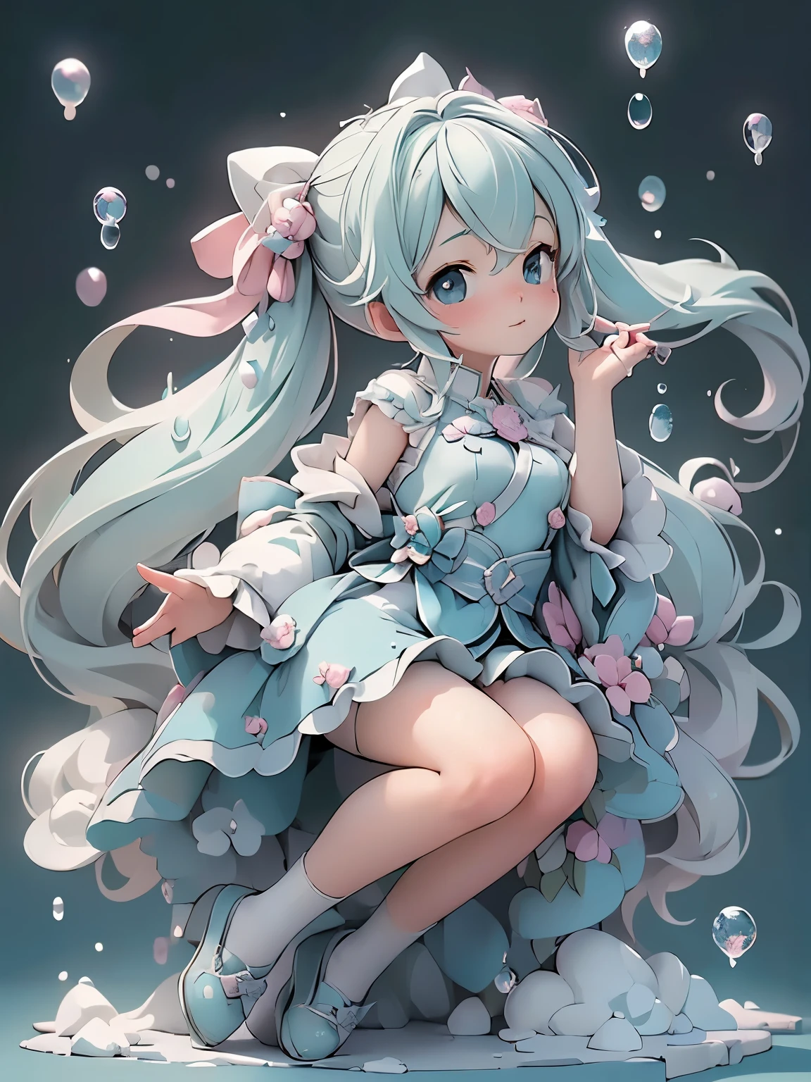 (masterpiece、highest quality、highest quality、Official Art、Beautiful and beautiful:1.2)、(One girl:1.3)Hatsune Miku、Twin tails,Big Breasts,High Quality Fantasy Comedy Anime Illustration. Innocent boy pooping magic soap bubbles with his hands, The little fairy is in a hurry The little fairy is in a hurry、Squeezed in unbreakable soap bubbles.