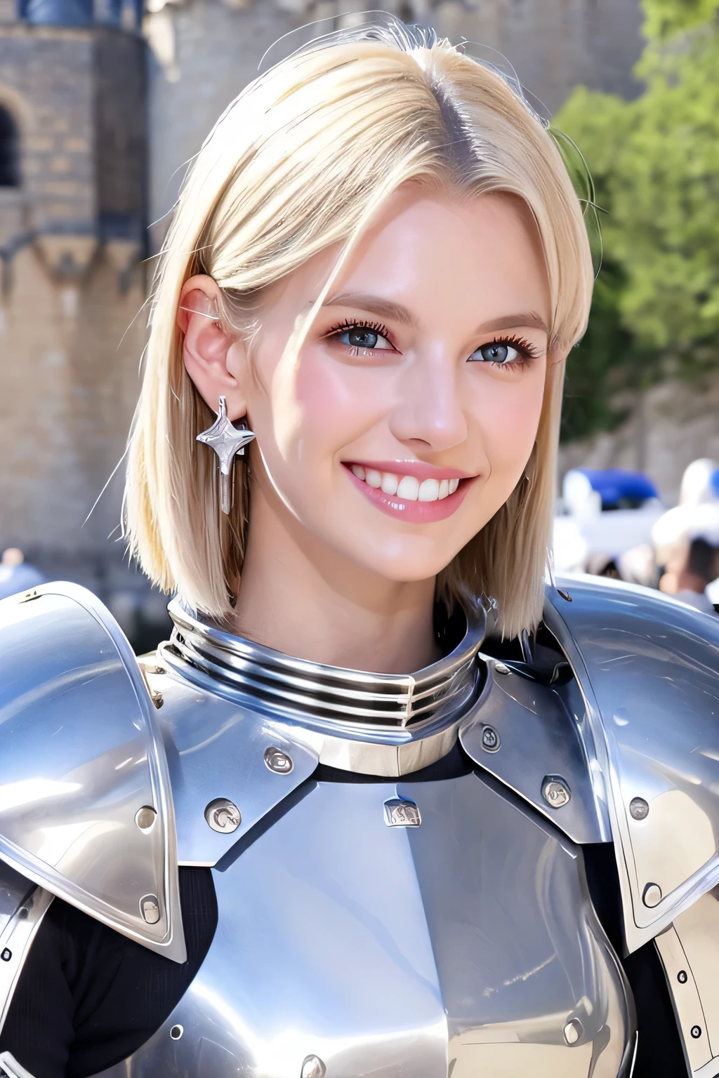８Ｋ、highest quality、female knight、Luxurious Silver Armor、、hairstyle short cut、smile、beautiful teeth、full body photo、ear piercing、blonde、white woman、blue eyes、heavy makeup、The background is inside the castle

