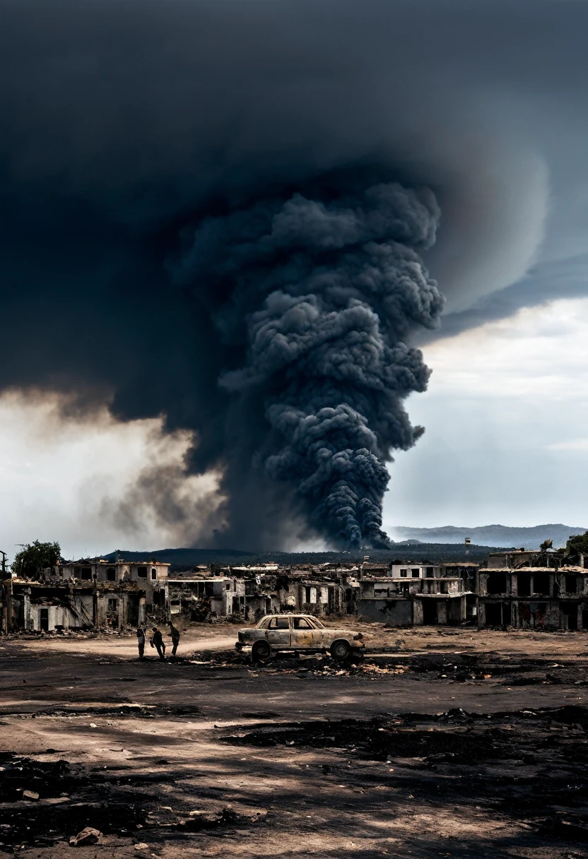 Creating a dark, apocalyptic mental image can be unsettling., mas posso tentar descrever. Imagine a desolate scenario, with dark gray sky, nuvens negras e raio cortando o horizonte. Ruas vazias e desertas, crumbling buildings and fires burning out of control. Pessoas desesperadas, algumas correndo sem rumo, others hugging each other goodbye, with no hope of survival in the face of the imminent catastrophe. The air is heavy with the smell of smoke and despair, enquanto a inevitabilidade do fim paira sobre todos.