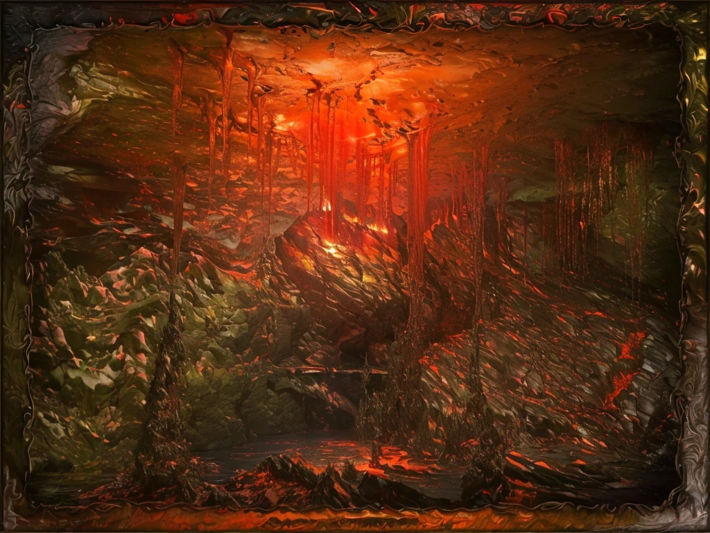 The Golden Cave, Hyperreal Hell, Blood River in Hell, Hellscape, stormy lake of blood, hellish background, Bikini. fon ada. blood, Deep cave landscape with mandel bulbs, Dante's painting "Hell", rivers of red lava, Slime mold, hellish art in good quality, bloodbath battlefield background