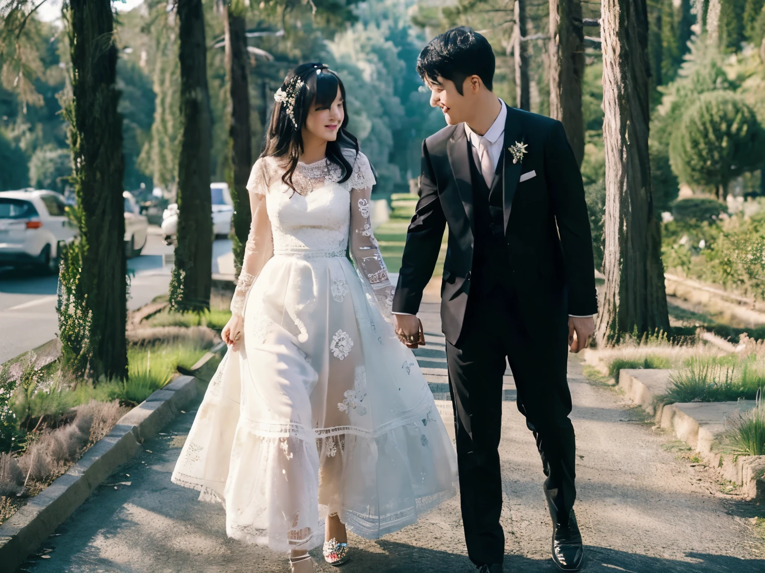 A man in a suit and a woman in a lace dress walking side by side