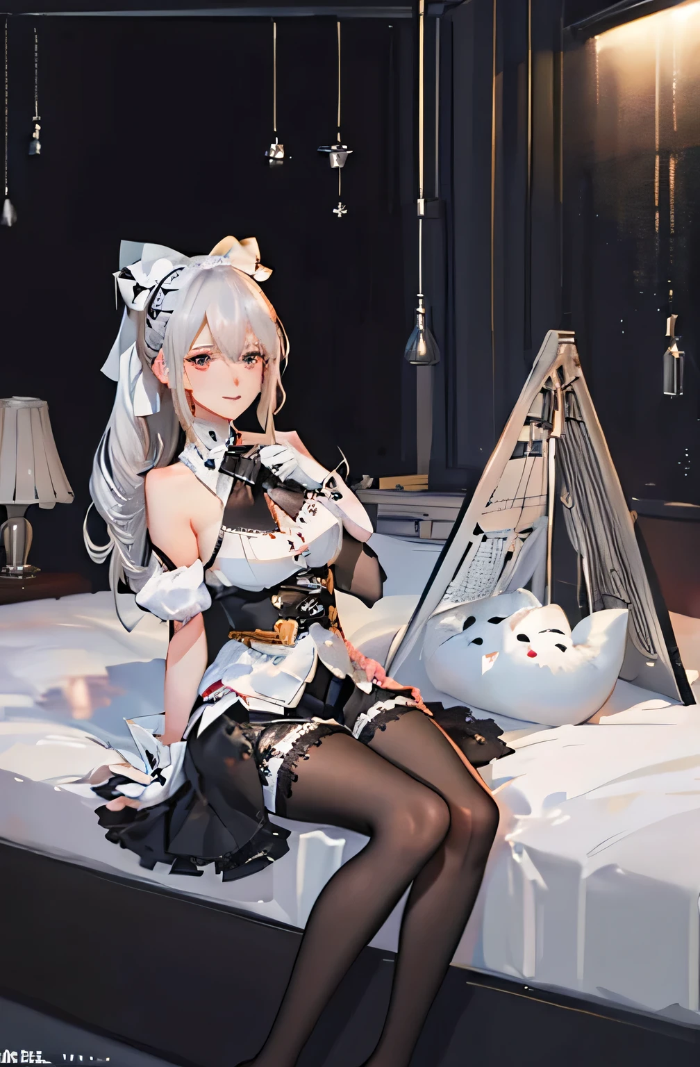 (((1 girl)),Ray Tracing,(Dim lighting),[Detailed Background (Bedroom)),((Silver Hair)),((Silver Hair)),(Fluffy Silver Hair, Plump and slender girl)) Raised ponytail)))) Avoid blonde eyes in the ominous Bedroom ((((Girls、She wears intricately embroidered black high-waisted pants and pantyhose.。) White frilly ribbon gloves), Showing off a delicate, slim figure and graceful curves, Correct limbs, Sitting on the bed、8K、Perfect female body、Red line clothes、8K、High quality、Naughty fashion、Big Breasts、Eros、Lingerie、Pink outfit、bikini