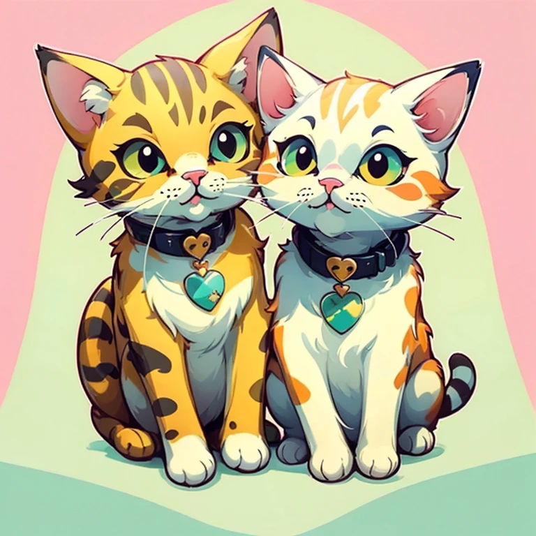 (highest quality, masterpiece:1.2), beautiful, Detailed cat portrait, Simple Background, Pink and yellow-green emblem, Stickers