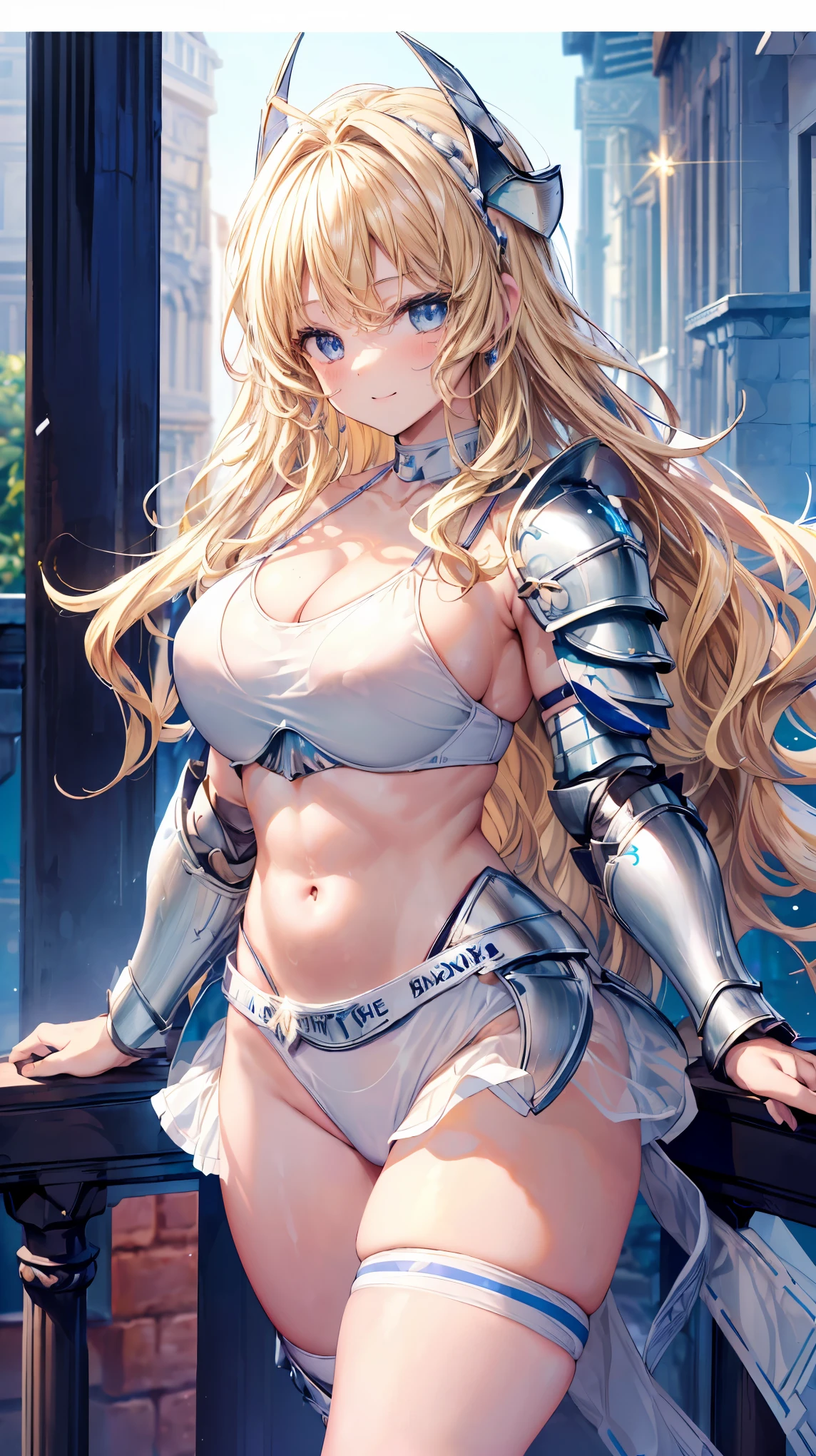 Very detailed、highest quality、Best image quality、masterpiece、8k、Anime Face、A kind smile、Open your mouth、Sparkling blue eyes、(Blonde wavy hair:1.5)、、Muscles of the whole body、camisole、Thigh belt、mini skirt、(Wearing white bikini armor:1.5)、(Cowboy Shot:1.5)、(Leg armor:1.5)