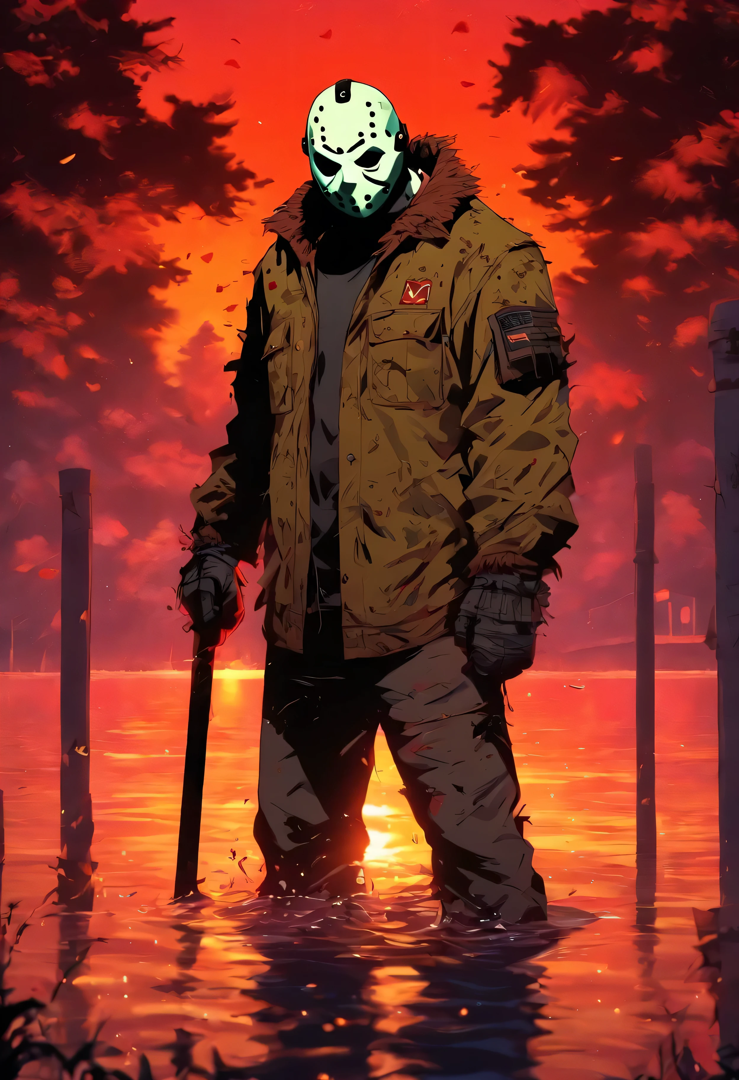 Jason Voorhees em um pier de um lago