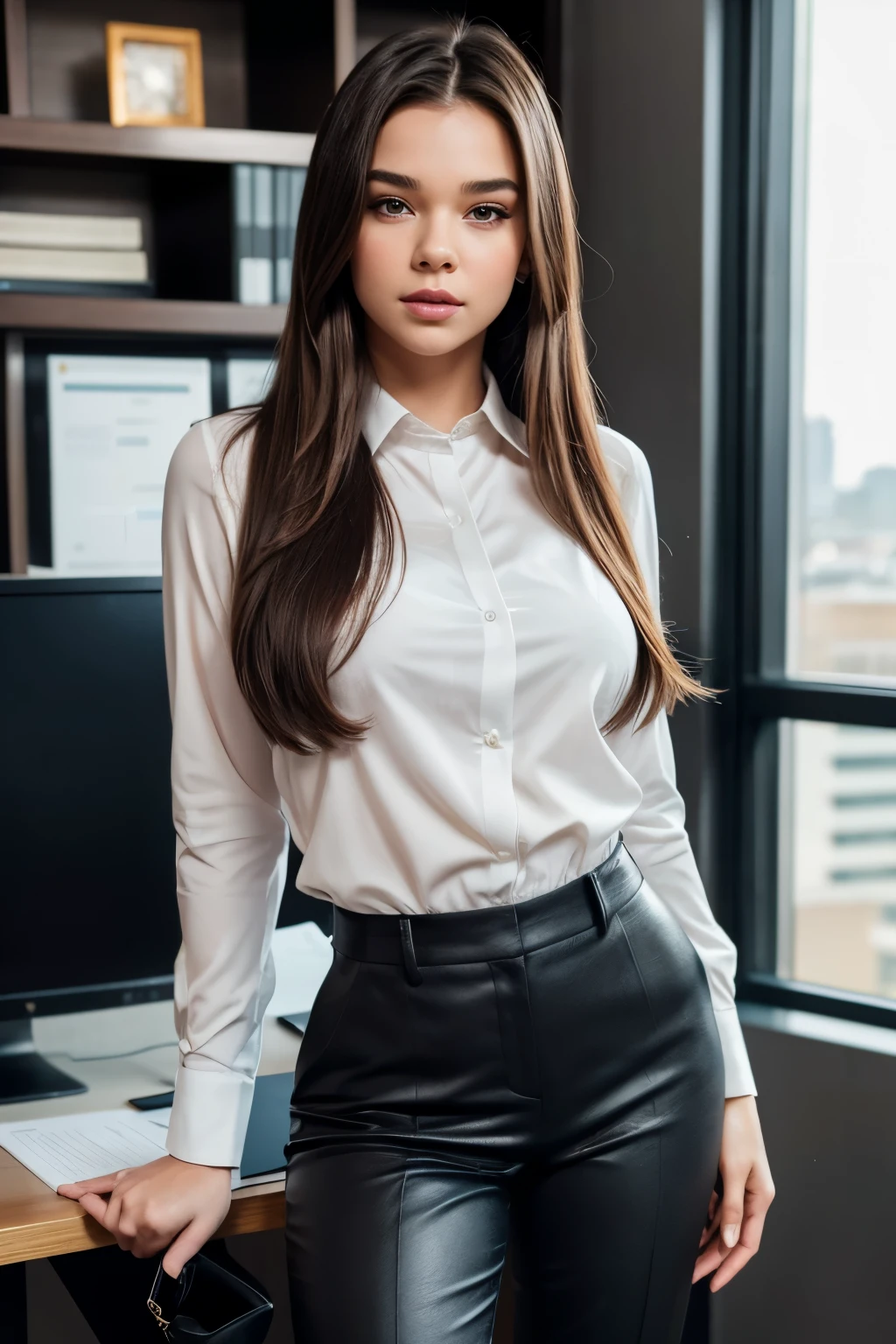 Hyper realistic, super detailed, sexy Hailee Steinfeld, detailed expressions, facials, sexy, seductive facial expressions, [:(Face detail: 1.4): 0.4], 8k resolution, (firm abs), (image color), her trousers creating a perfect shaped round ass, from behind, BREAK Outfit: she exudes confidence and professionalism in her office attire, opting for a sleek and stylish look. She wears a pair of high-waisted, form-fitting black trousers that elegantly accentuate her legs. With a crisp white blouse and minimal jewelry, she embodies the perfect balance of sophistication and poise in the workplace. Body: With her captivating eyes and graceful demeanor, she exudes confidence and elegance in her office ensemble. Image: A high-resolution image showcasing her impeccable office outfit, highlighting her chic trousers and presenting her in a professional light. BREAK, looking at viewer, masterpiece, best quality, highly detailed, desire, blush, (Beautiful and detailed eyes description), (beautiful and detailed face), Perfect female body, (Best Quality), (ultra-detailed), (masterpiece), (high resolution), (absurdres), (Original), (the Extremely Detailed CG Unity 8K Wallpapers).