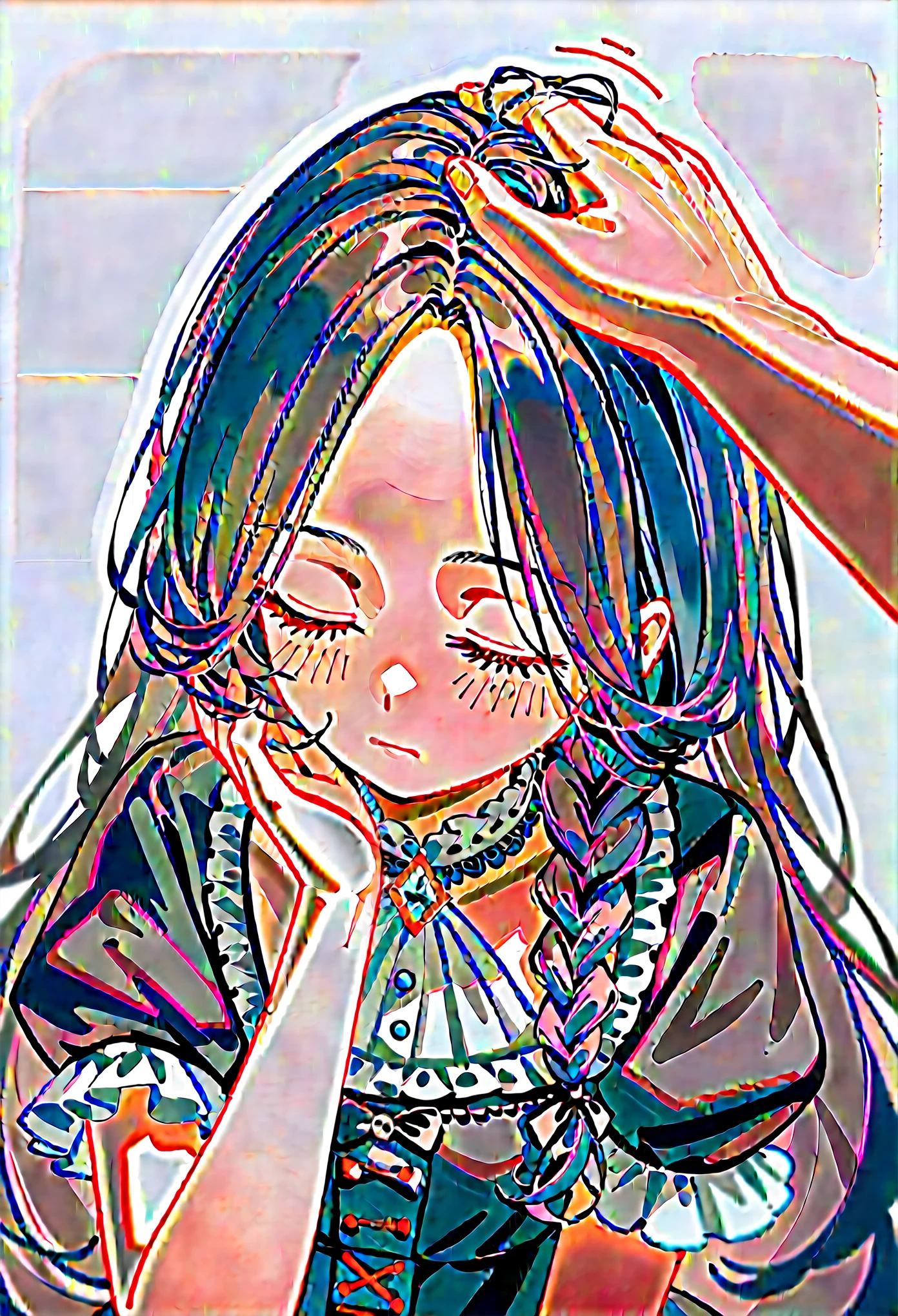 masterpiece, zoom out, 1girl, best quality, very aesthetic, absurdres, ultra-detailed, rating_general, upper body, score_9, score_8_up, score_7_up, headpat pov, hand headpatting her, front, black hair, long hair, (parted bangs), dark blue eyes, innexpressive, blush, closed eyes, pale skin, small breasts, upper body, victorian fashion, black dress, frilled dress, short sleeves, white background background
