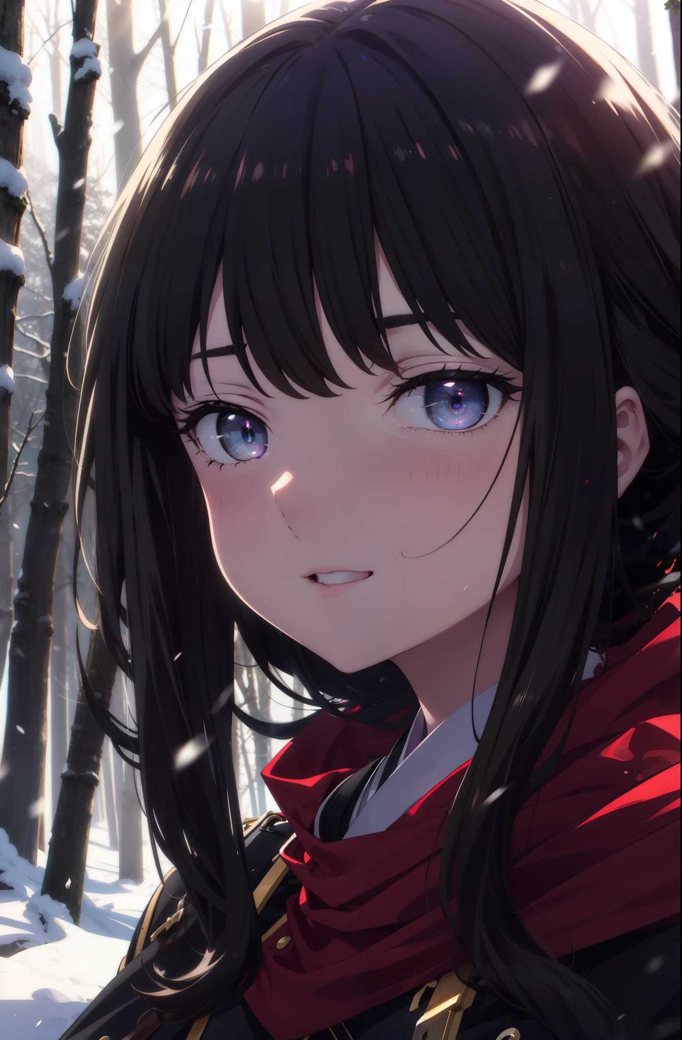 Takiuchi, Inoue Check, Long Hair, bangs, Black Hair, (Purple eyes:1.2),smile,
Open your mouth,snow,Bonfire, Outdoor, boots, snowing, From the side, wood, suitcase, Cape, Blurred, forest,  nature, Squat,  Cape, winter, Written boundary depth, Black shoes, red Cape break looking at viewer, Upper Body, whole body, break Outdoor, forest, nature, break (masterpiece:1.2), highest quality, High resolution, unity 8k wallpaper, (shape:0.8), (Beautiful and beautiful eyes:1.6), Highly detailed face, Perfect lighting, Highly detailed CG, (Perfect hands, Perfect ???????),
