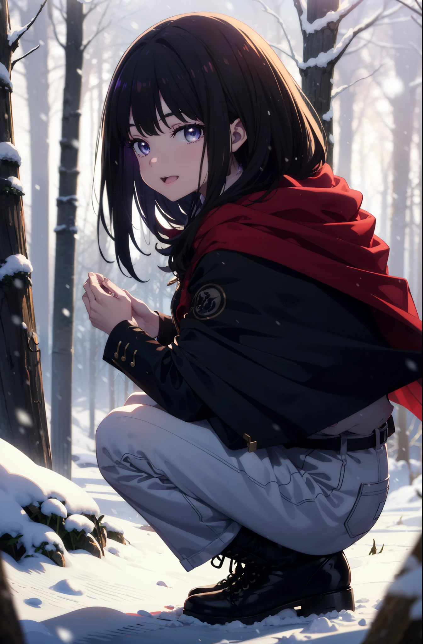 Takiuchi, Inoue Check, Long Hair, bangs, Black Hair, (Purple eyes:1.2),smile,
Open your mouth,snow,Bonfire, Outdoor, boots, snowing, From the side, wood, suitcase, Cape, Blurred, forest, nature, Squat, Cape, winter, Written boundary depth, Black shoes, red Cape break looking at viewer, Upper Body, whole body, break Outdoor, forest, nature, break (masterpiece:1.2), highest quality, High resolution, unity 8k wallpaper, (shape:0.8), (Beautiful and beautiful eyes:1.6), Highly detailed face, Perfect lighting, Highly detailed CG, (Perfect hands, Perfect Anatomy),