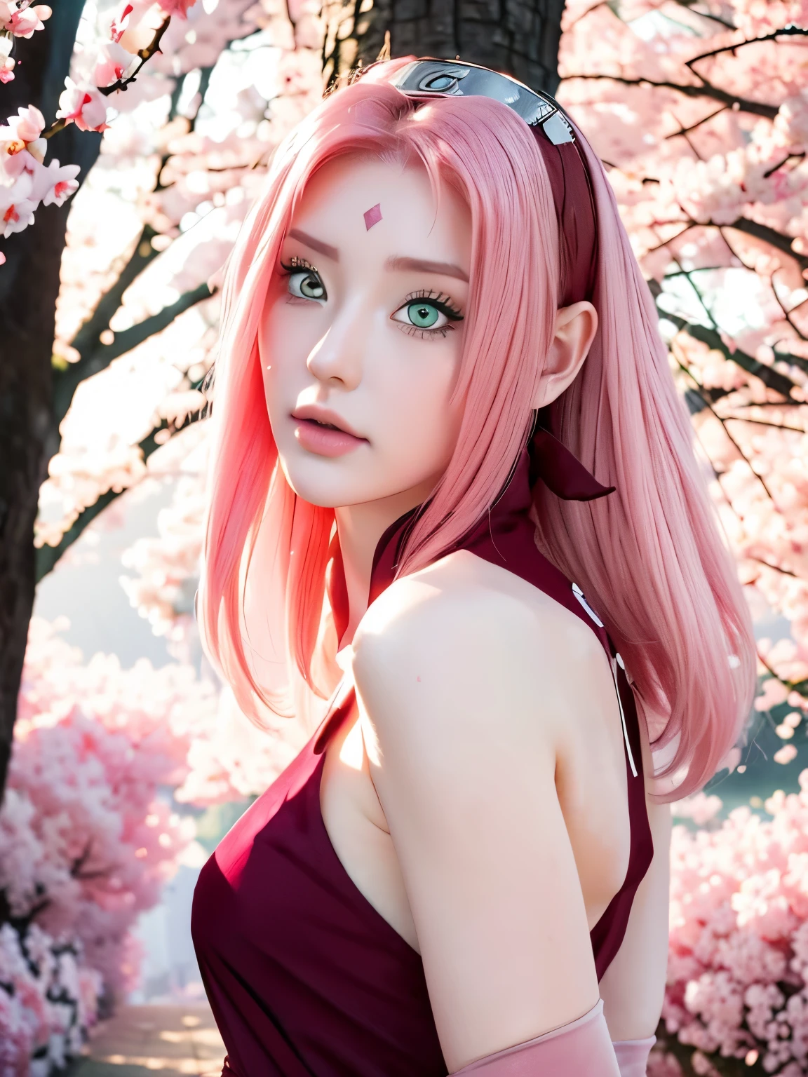 Sakura Haruno, wearing ninja costume in naruto shippuden saga, has shoulder-length pink hair, she has emerald eyes, a sharp nose, white skin, and a soft face, (best quality, highres:1.2), 1girl, beautiful detailed eyes, beautiful detailed lips, extremely detailed eyes and face, long eyelashes, HDR, studio lighting, sharp focus, physically-based rendering, extreme detail description, portraiting breasts, perfect shape, facing viewer, sweaty, gorgeous, appearing in full frame, good-looking, Beautiful fair skin and luster, Beautiful eyes are big and bright, Small mouth and thin lips, Goodness of style and slendernes), beautiful girl illuminated by seven colors of light, Irridescent coloe, showing off her figure, seductive and confident, enchanting aura, surrounded by cherry blossom trees, delicate and vibrant petals falling all around her, soft pink and white colors, sunlight filtering through the trees, creating a warm and dreamy atmosphere.