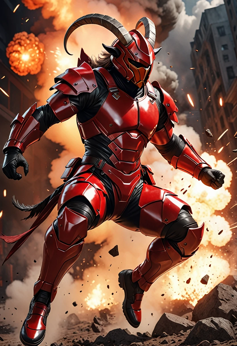 (best quality,4k,8k,highres,masterpiece:1.2),ultra-detailed,(realistic,photorealistic,photo-realistic:1.37),Goat suit combat style,illustration,highly detailed goat suit,ferocious expression,on a battlefield,leaping mid-air,striking a powerful pose,fierce determination,action-packed,dynamic background,flying debris,explosions and smoke,combat weapons in hand,sharp focus,professional,vivid colors,studio lighting,horned helmet,bright and bold color scheme,intense red and black tones,accentuated by dramatic lighting.
