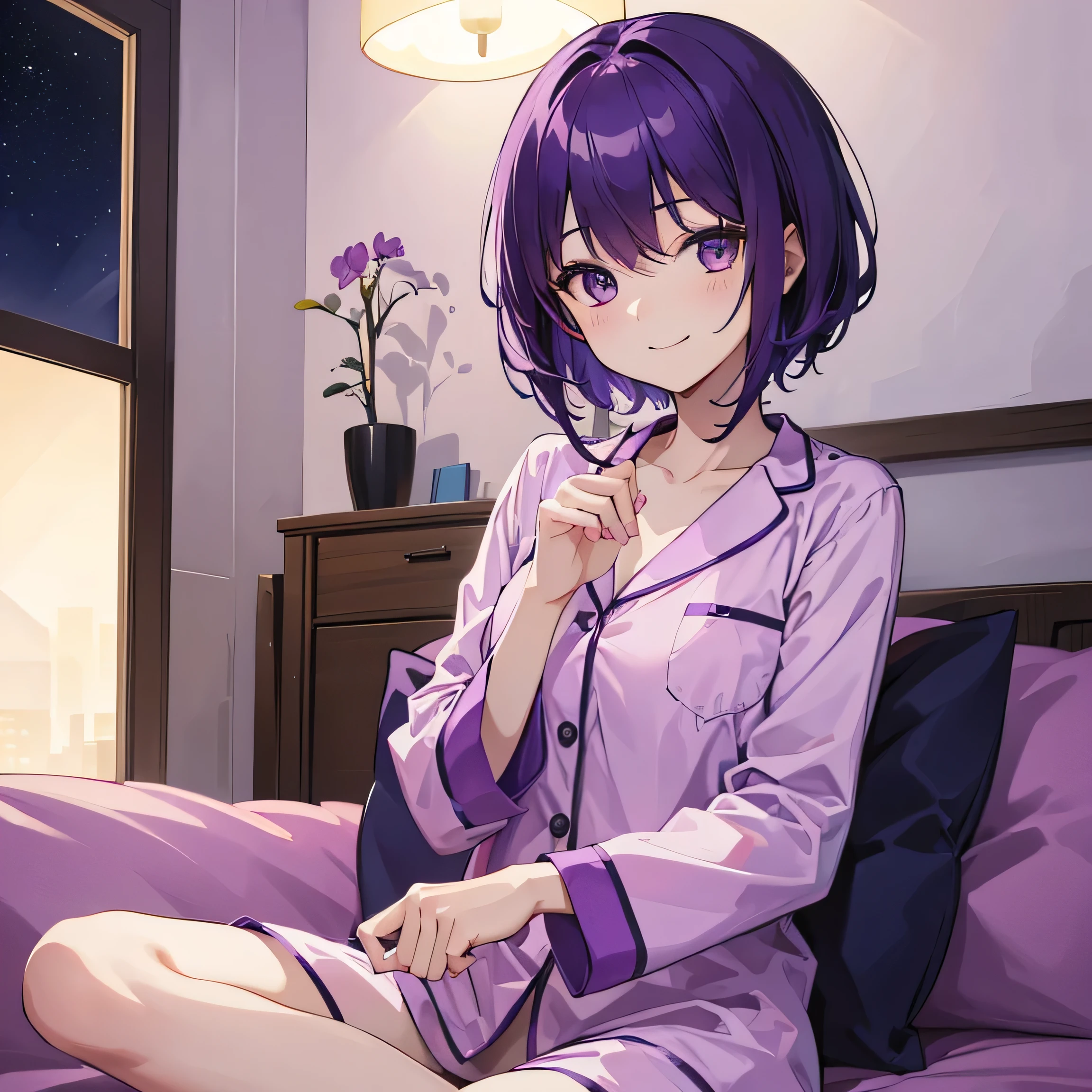 (T Masterpiece，4k wallpaper，Best Quality))、((girl１people))、(solo)、Bright and Brilliant，(Purple Hair)、(Shortcuts:1.3)、smile、Bedroom、pajamas、night