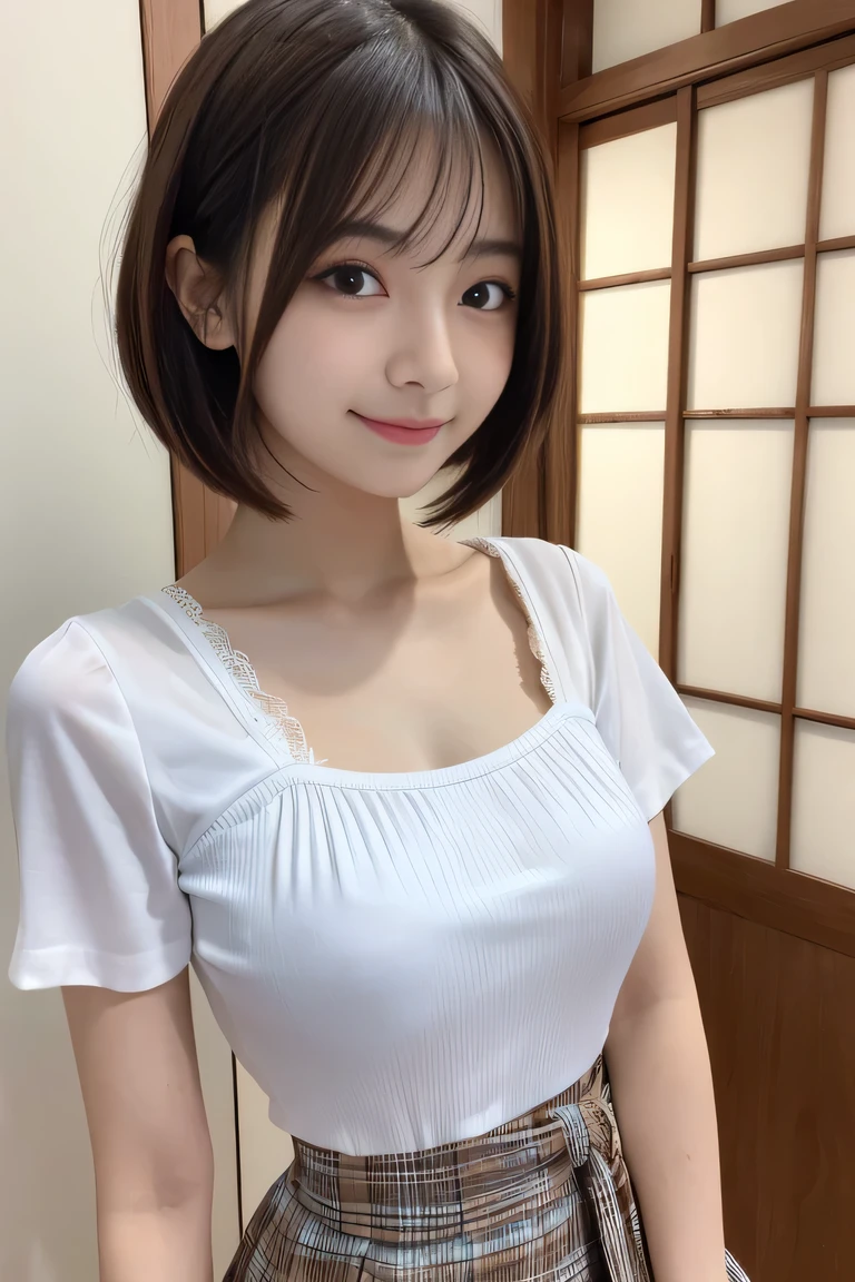 8K,masterpiece,Japanese,20 year old girl,from the front,smile,cute,innocent face,innocent,gentle eyes,,white tank top shirt,short sleeve,A short blue checked skirt,,noon,bright,standing,Do not emphasize the top of the bust, (Fot from the waist up), , Amazing face and eyes, (silky brown hair, (hime cut hair:1.2)), , small_bust, , delicate, (Best Quality:1.4), (beautiful face),, , (highly detailed Beautiful face),