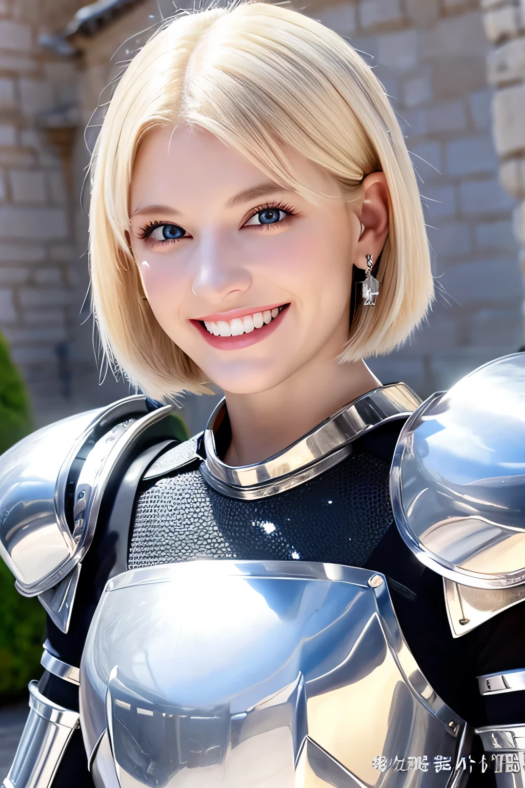 ８Ｋ、highest quality、female knight、Luxurious Silver Armor、、hairstyle short cut、smile、beautiful teeth、full body photo、ear piercing、blonde、white woman、blue eyes、heavy makeup、The background is inside the castle

