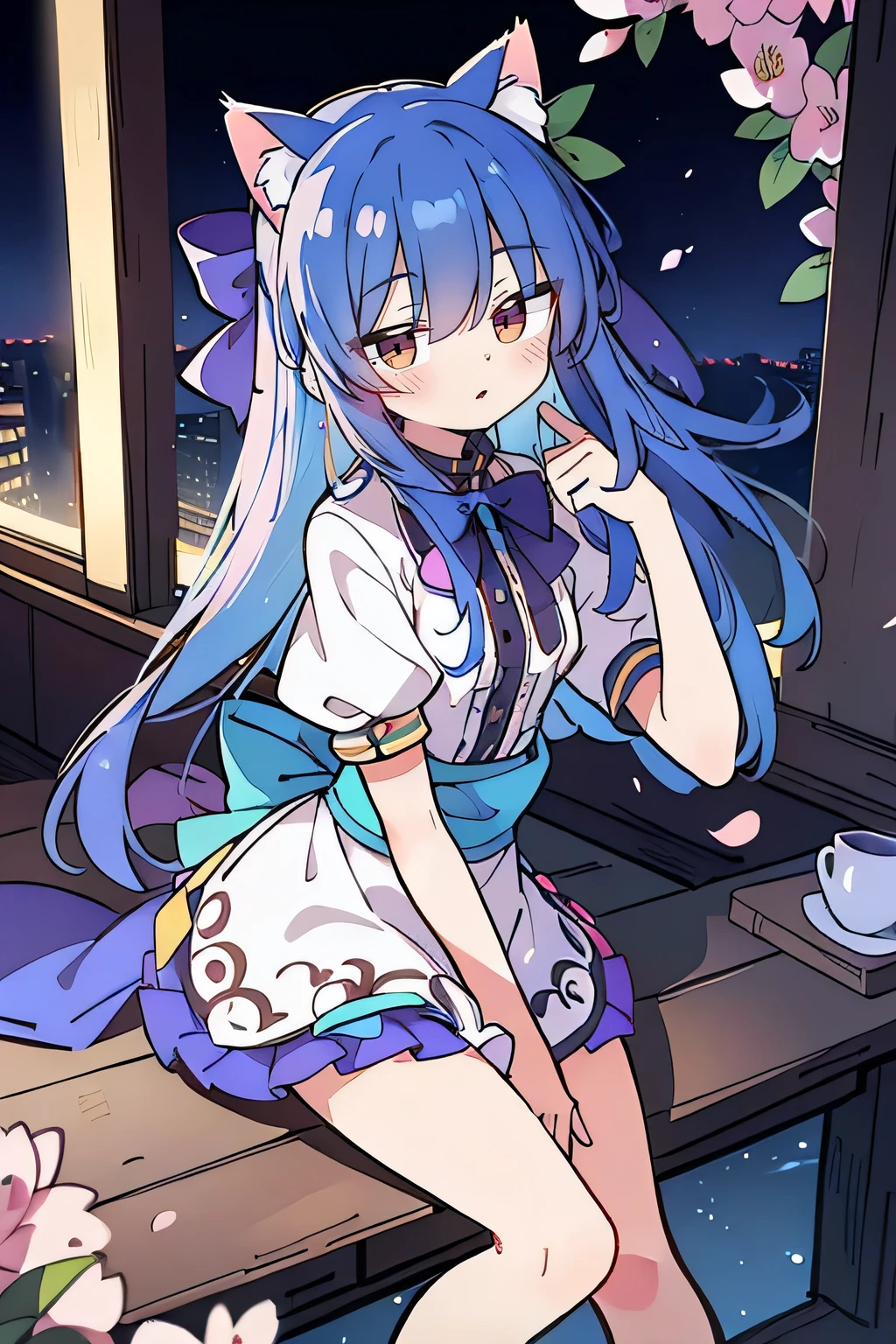 (masterpiece:1.2),ultra-detailed,realistic,expressive eyes,fair-skinned,perfectly shaped face,1girl,
Japanese cartoons,Gorgeous blue hair, flowing blue hair,floating clothes,cat ears,petals falling,beautiful Lola,Hina Angel,
hands on waist,gracefully sitting on the ground,legs crossed,gentle and serene background,cool and comfortable pavilion,night ,smile.
