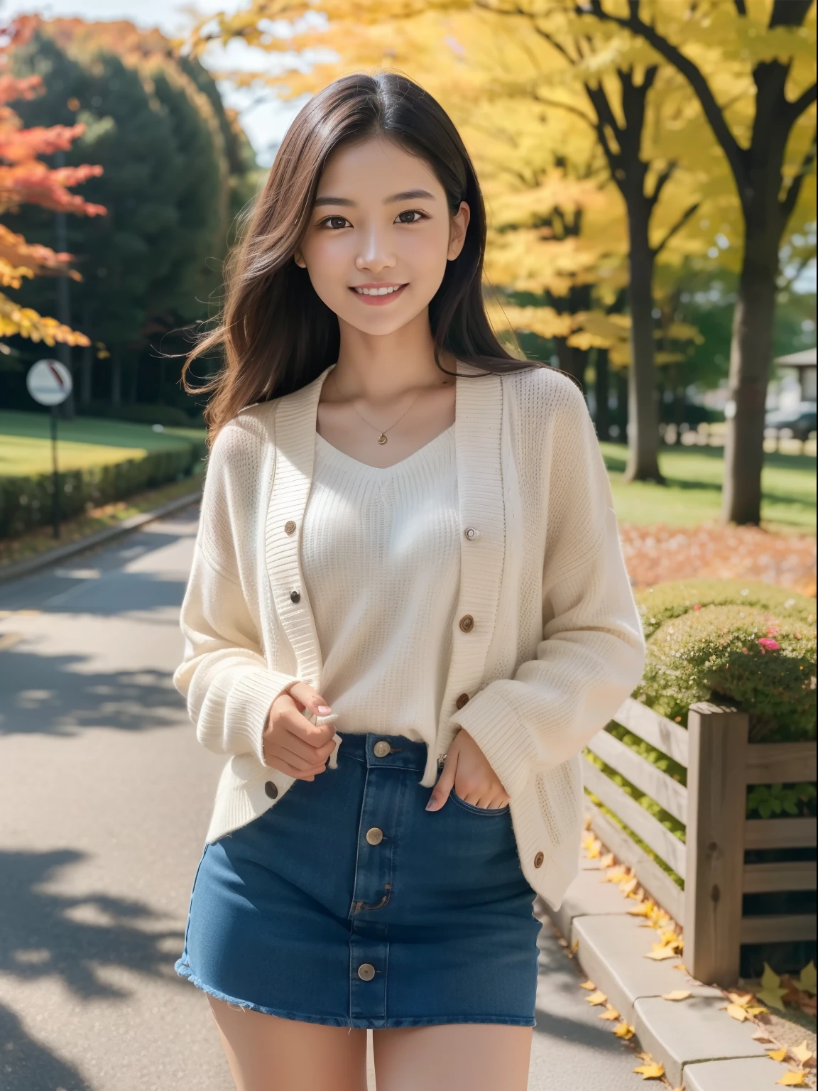 In 8K,highest quality:1.4, 超A high resolution:1.5, (Realistic:1.4),masterpiece:1.2,(highest quality:1.4)、 RAW Photos、Casual clothingを着た日本の女の子、Looking at the audience、High Resolution、Ultra-detailed、Natural skin texture:1.3, Realistic eye and facial details:1.7、Nogizaka, Cute face、:1.2、Thighs Thighs Thighs Thighs、Textured skin:1.2, Beautiful smile 、 (A shy smile:1.2)、Medium Chest、Beautifully detailed eyes、(Casual clothing:1.2)、Full Body Shot、autumn leaves、Sculpture Pose、mini skirt:1.2、Beautiful feet、Beautiful dark eyes、standing、autumn's