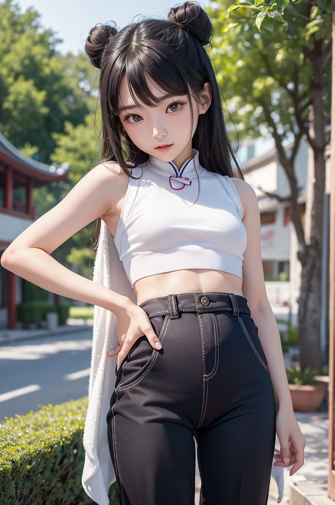 Photorealistic,masterpiece, best quality,ultra-detailed ,chinese tween girl,,cute,((takes off her pants and shows her panties)),She takes great pleasure in showing off her panties to viewer,sensational fashion,bun hair,small breast,very happy,very slutty,outdoor,china,Shanghai,