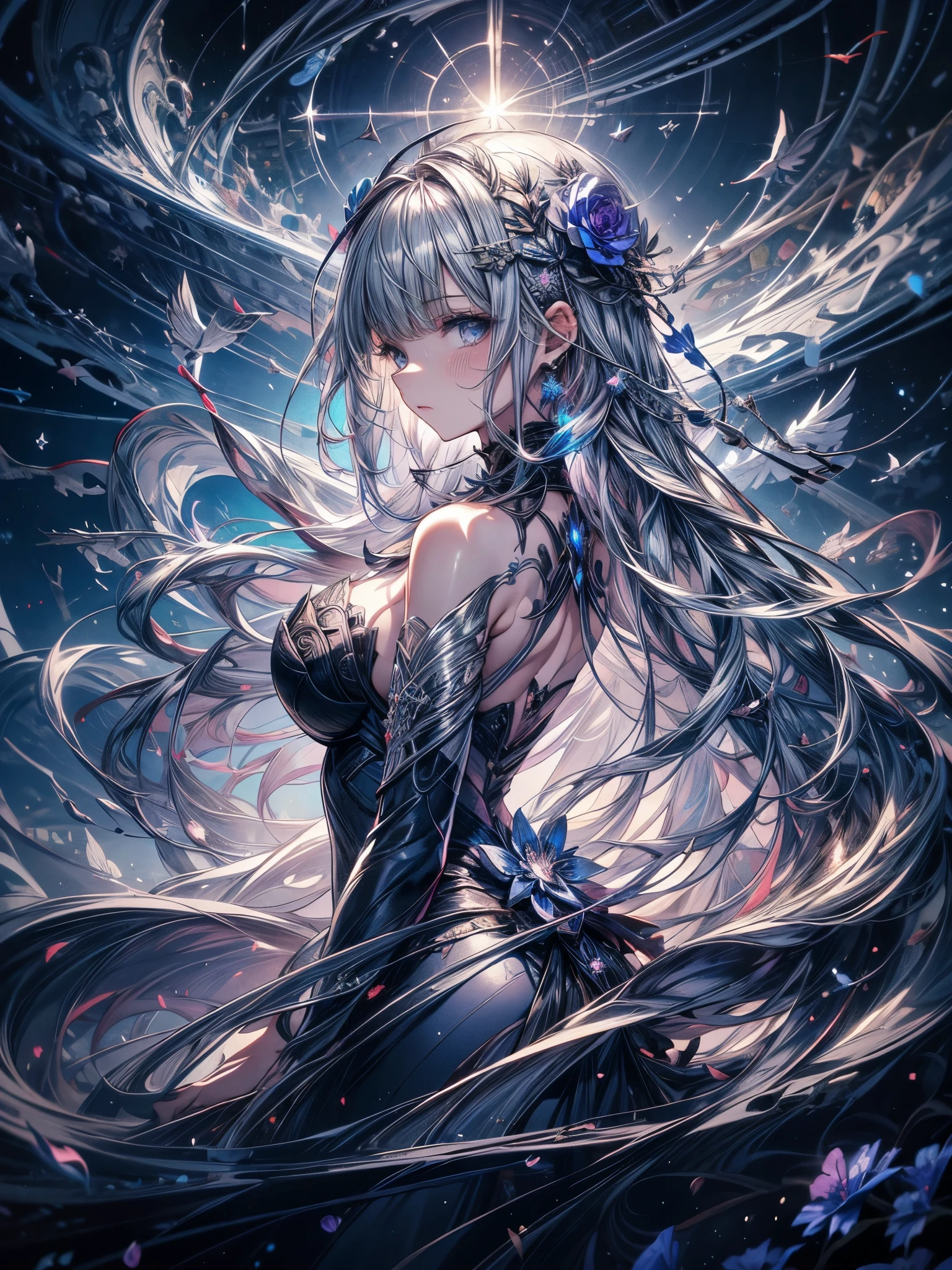 bust, Waves, 1 girl, No.18, extremely long hair, Silver slit dress, 
Flowers bloom,  galaxy, Spiral Nebula, birds,  Like a dream,
best quality, masterpiece, Ultra-high resolution, illustration, Deep Shadow, Rim Light, 