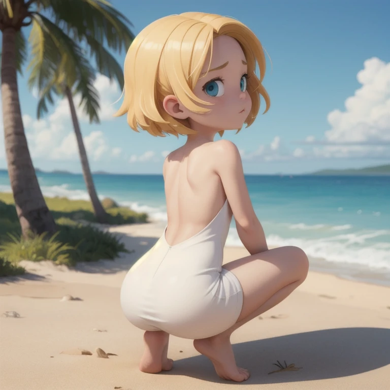 angelica pickles, short blonde hair, flat torso, squatting, naked torso, ass, on beach, white dress