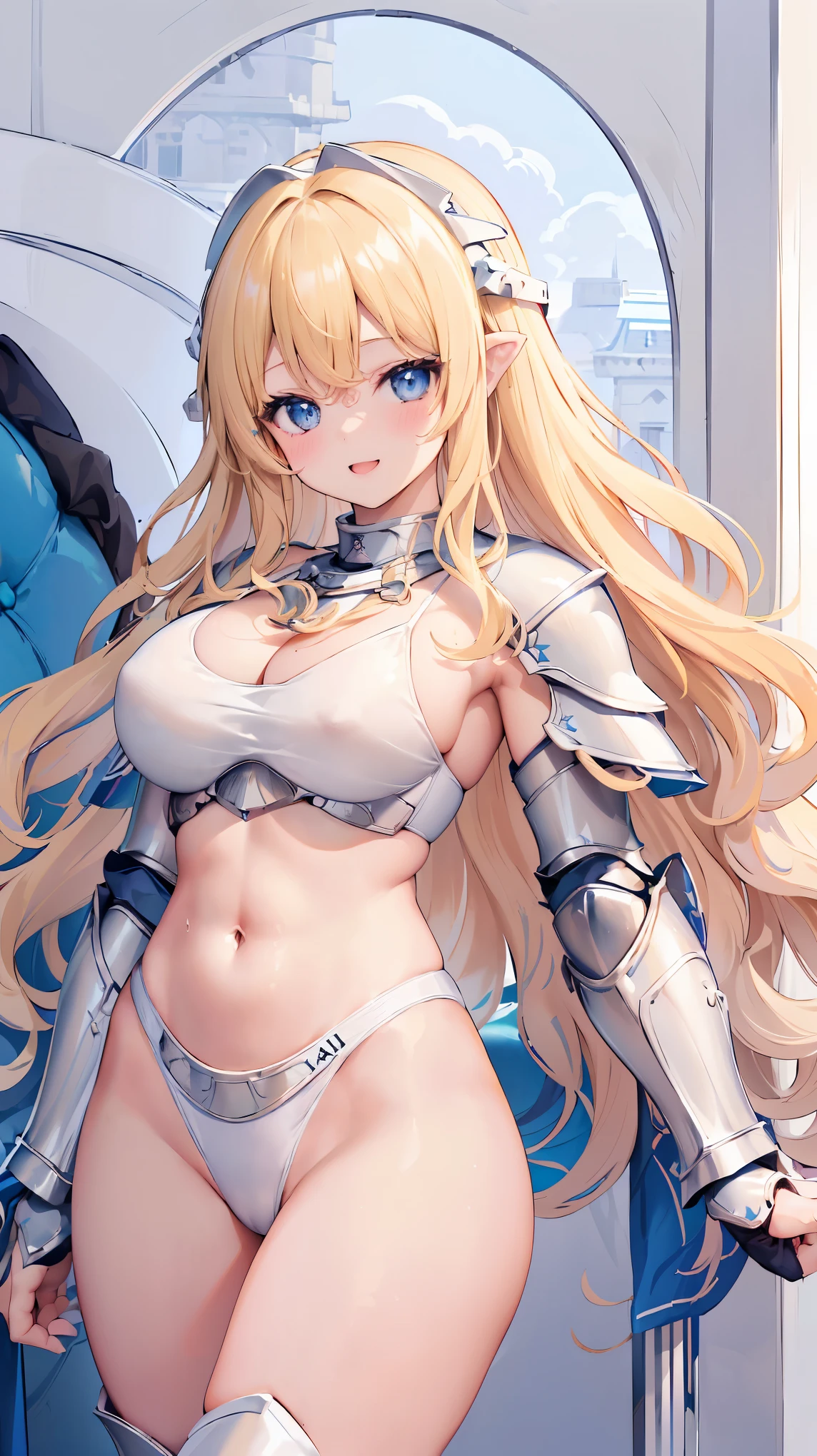 Very detailed、highest quality、Best image quality、masterpiece、8k、Anime Face、A kind smile、Open your mouth、Sparkling blue eyes、(Blonde wavy hair:1.5)、、Muscles of the whole body、camisole、Thigh belt、mini skirt、(Wearing white bikini armor:1.5)、(Cowboy Shot:1.5)、(Leg armor:1.5)