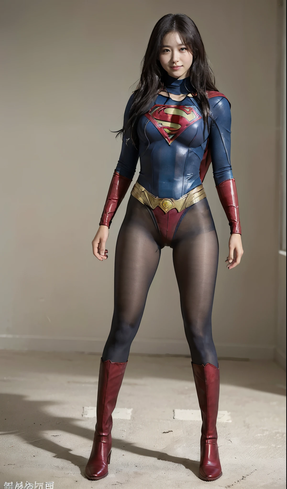 No background、(((Beautiful legs in black tights.)))、(((Legally express the beauty of your smile)))、((((Make the most of your original images)))、(((Supergirl Costume)))、(((Beautiful Hair)))、(((suffering)))、(((Please wear black tights....、Wear red boots)))、((Best image quality、8K))、((highest quality、8K、masterpiece:1.3))、(((Preserve background )))、Sharp focus:1.2、Beautiful woman with perfect figure:1.4、Thin abdominal muscles:1.2、Wet body:1.5、Highly detailed face and skin texture、8K
