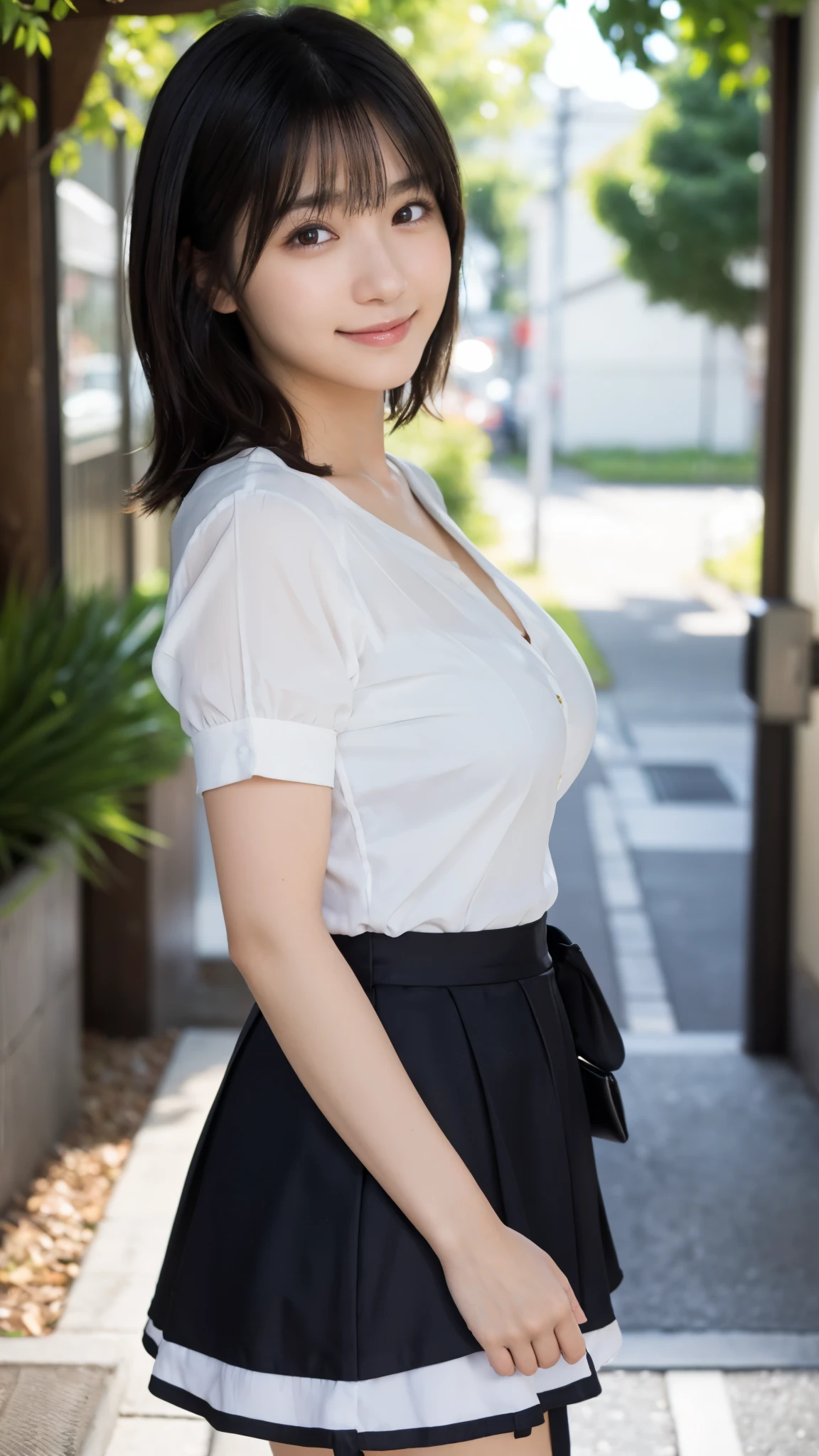 (highest quality,masterpiece:1.3,Ultra-high resolution),(Super detailed,Caustics,8k),(Photorealistic:1.4,RAW shooting),Japanese,23 years old,cute,(Smiling and looking at the camera),Black Hair Middle Hair,Big Breasts,White blouse,Knee-length skirt,office Street,Low angle full body shot,Face Focus,Face close up,Natural light