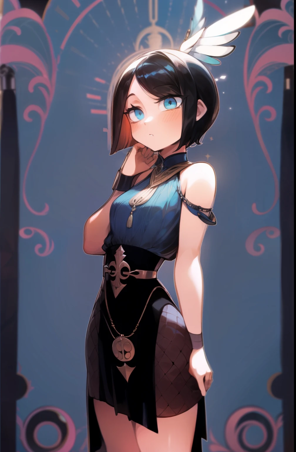 Un primer plano de una mujer con un vestido negro y un abrigo de plumas, 1920s vibes, Tiffany Dover, Era del jazz, inspirado por Galen Dara, dystopian retro 1920s vibe, Aleta, por Galen Dara, 1920s style, Usando 1 9 2 0 s moda, 1 9 2 0 s estilo