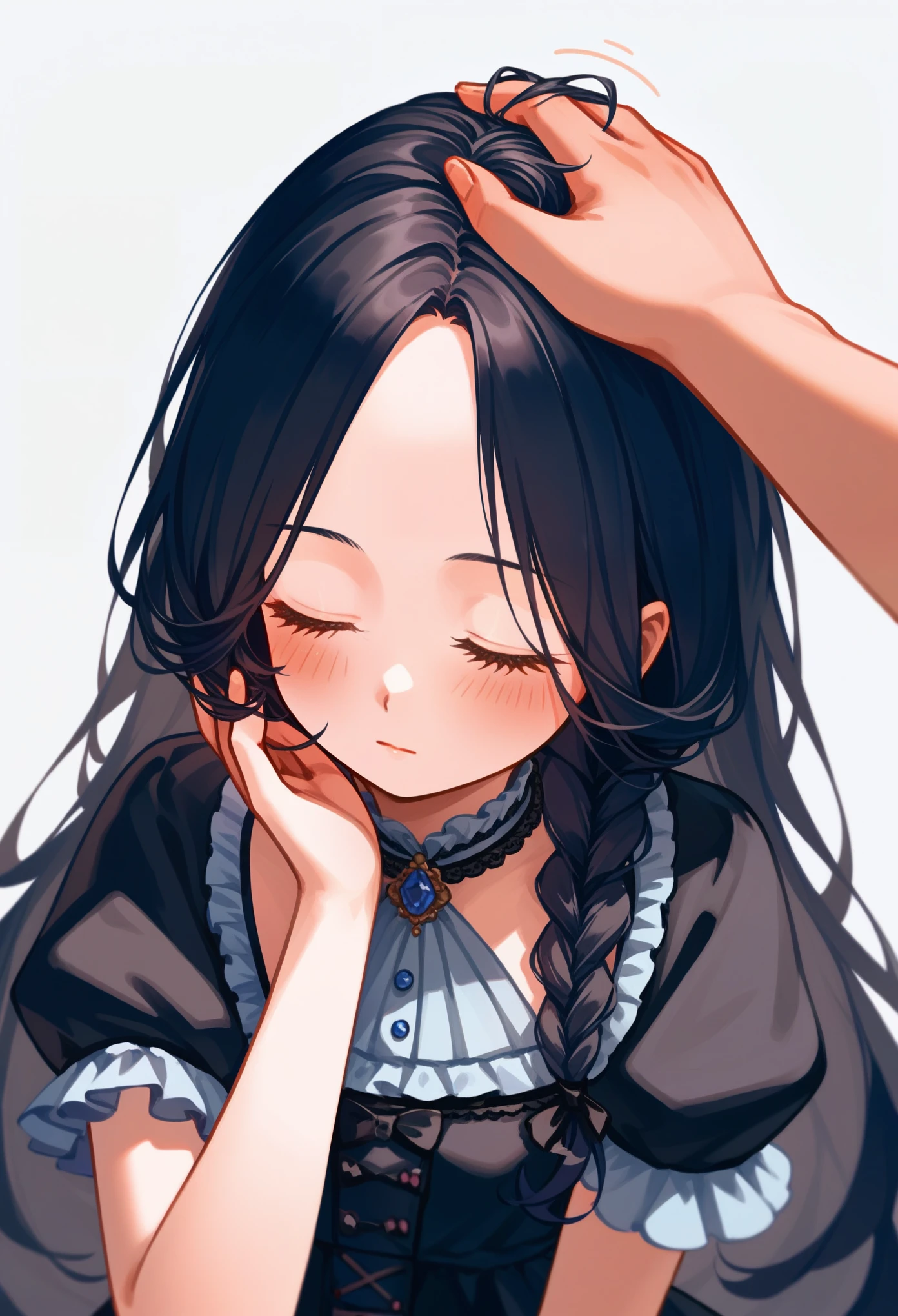 masterpiece, zoom out, 1girl, best quality, very aesthetic, absurdres, ultra-detailed, rating_general, upper body, score_9, score_8_up, score_7_up, headpat pov, hand headpatting her, front, black hair, long hair, (parted bangs), dark blue eyes, innexpressive, blush, closed eyes, pale skin, small breasts, upper body, victorian fashion, black dress, frilled dress, short sleeves, white background background
