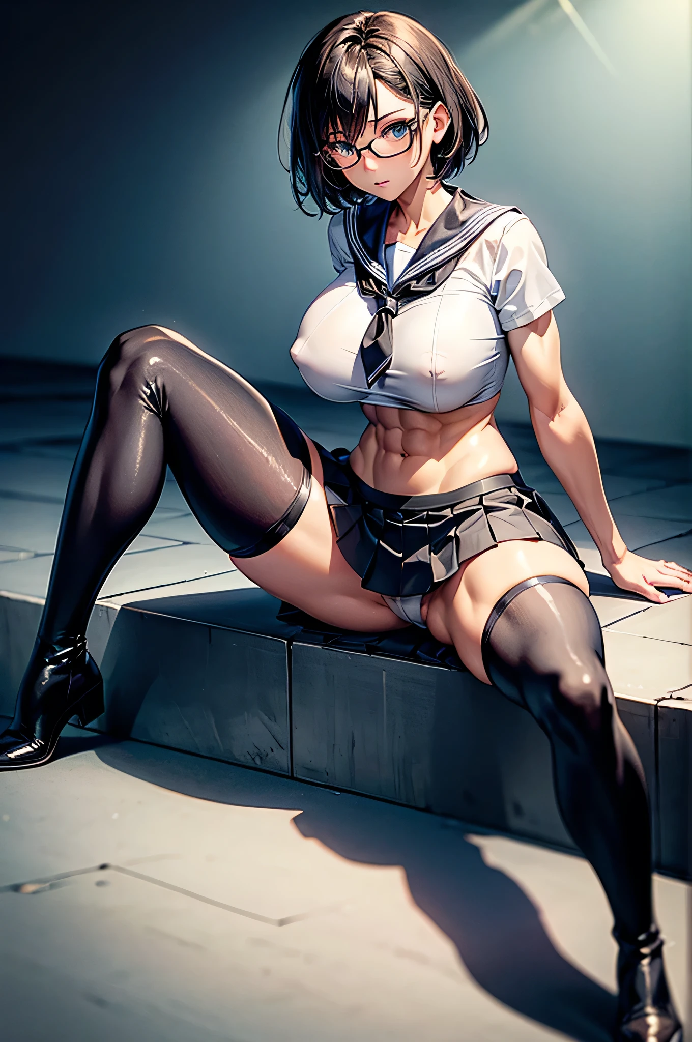 (1 female),(solo),(front),(crouching),(spread legs),BREAK,black short hair,(huge breasts),(beautiful abs:0.9),(muscular legs),(slim body:1.4),BREAK,black glasses,BREAK,(short sleeved white sailor suit),((hidden nipples)),underboobs,BREAK,(very short gray pleated skirt), (low rise),BREAK,(black thighhighs boots),BREAK,((Highest quality)),Perfect Anatomy,Highly detailed face and eyes,