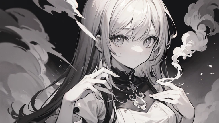 anime-style girl with white hair and red eyes, framed by her hands forming a rectangular shape. She has a focused, intense expression as she looks through the hand frame. Her hair is straight and flows around her face, with some strands falling over her eyes. She is wearing a dark choker and a top with ruffled edges. The background is dark, drawing attention to her bright hair and eyes, creating a dramatic, engaging atmosphere. Anime Lineart