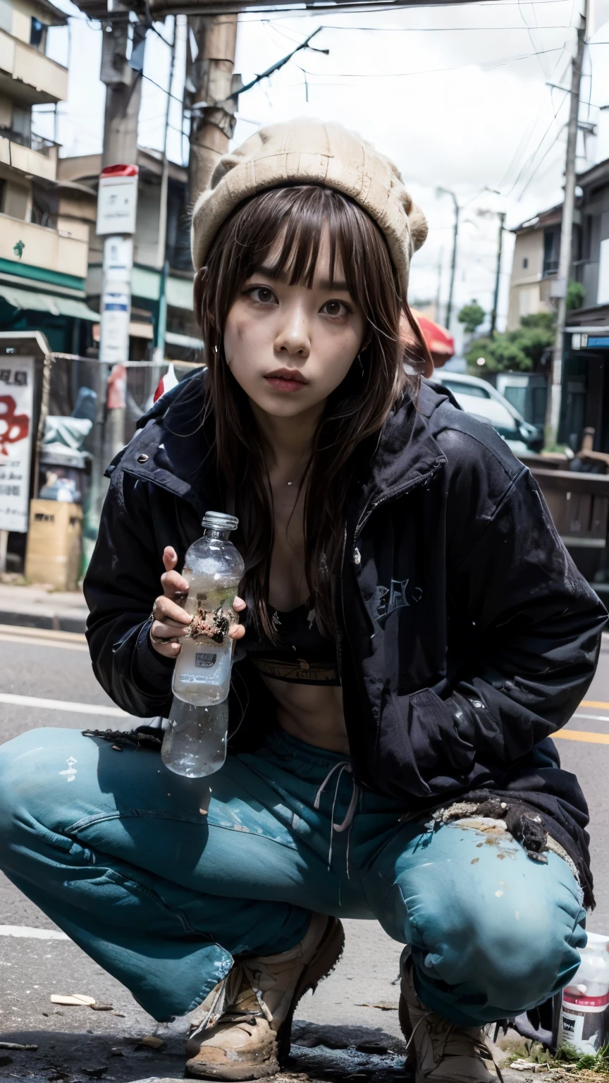 (((Brown glass medicine bottle,He had a suspicious drink))),With bangs,Beautiful black hair,ストレートミディアムボブカットのHomeless韓国人女性,Crouching,A 21-year-old Korean woman surrounded by a pile of garbage,(((No hat))),aespakarina,((Very displeased look)),(((Homeless))),((( Bad smell,Oil,Mud stains,shit,dirty))),(((Frowning,Glaring at the camera))),Very fine eye, Flat Chest,(((Wearing a tattered black coat))),(((Tragic))),(make:1.4),Big eyes,Frowningを寄せた表情,hiphop dancer,Gangster-style long pants,wearing edg90hh_clothing,8k,High definition,gang style