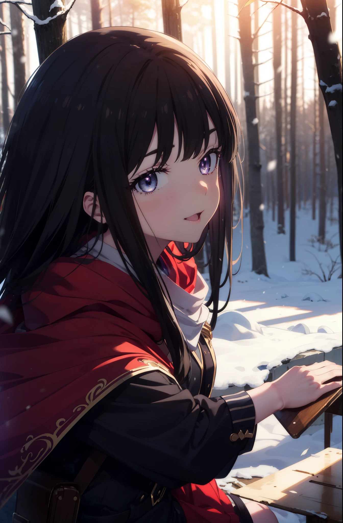 Takiuchi, Inoue Check, Long Hair, bangs, Black Hair, (Purple eyes:1.2),smile,
Open your mouth,snow,Bonfire, Outdoor, boots, snowing, From the side, wood, suitcase, Cape, Blurred, forest,  nature, Squat,  Cape, winter, Written boundary depth, Black shoes, red Cape break looking at viewer, Upper Body, whole body, break Outdoor, forest, nature, break (masterpiece:1.2), highest quality, High resolution, unity 8k wallpaper, (shape:0.8), (Beautiful and beautiful eyes:1.6), Highly detailed face, Perfect lighting, Highly detailed CG, (Perfect hands, Perfect Anatomy),
