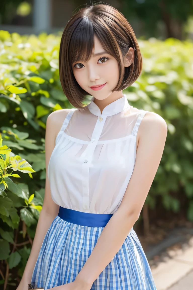 8K,masterpiece,Japanese,20 year old girl,from the front,smile,cute,innocent face,,gentle eyes,,white sleeveless tank top shirt,short sleeve,A short blue checked skirt,,noon,bright,standing,Do not emphasize the top of the bust, (Fot from the waist up), , Amazing face and eyes, (silky brown hair, (hime cut lomg hair:1.2)), , small_bust, , delicate, (Best Quality:1.4), (beautiful face),, , (highly detailed Beautiful face),