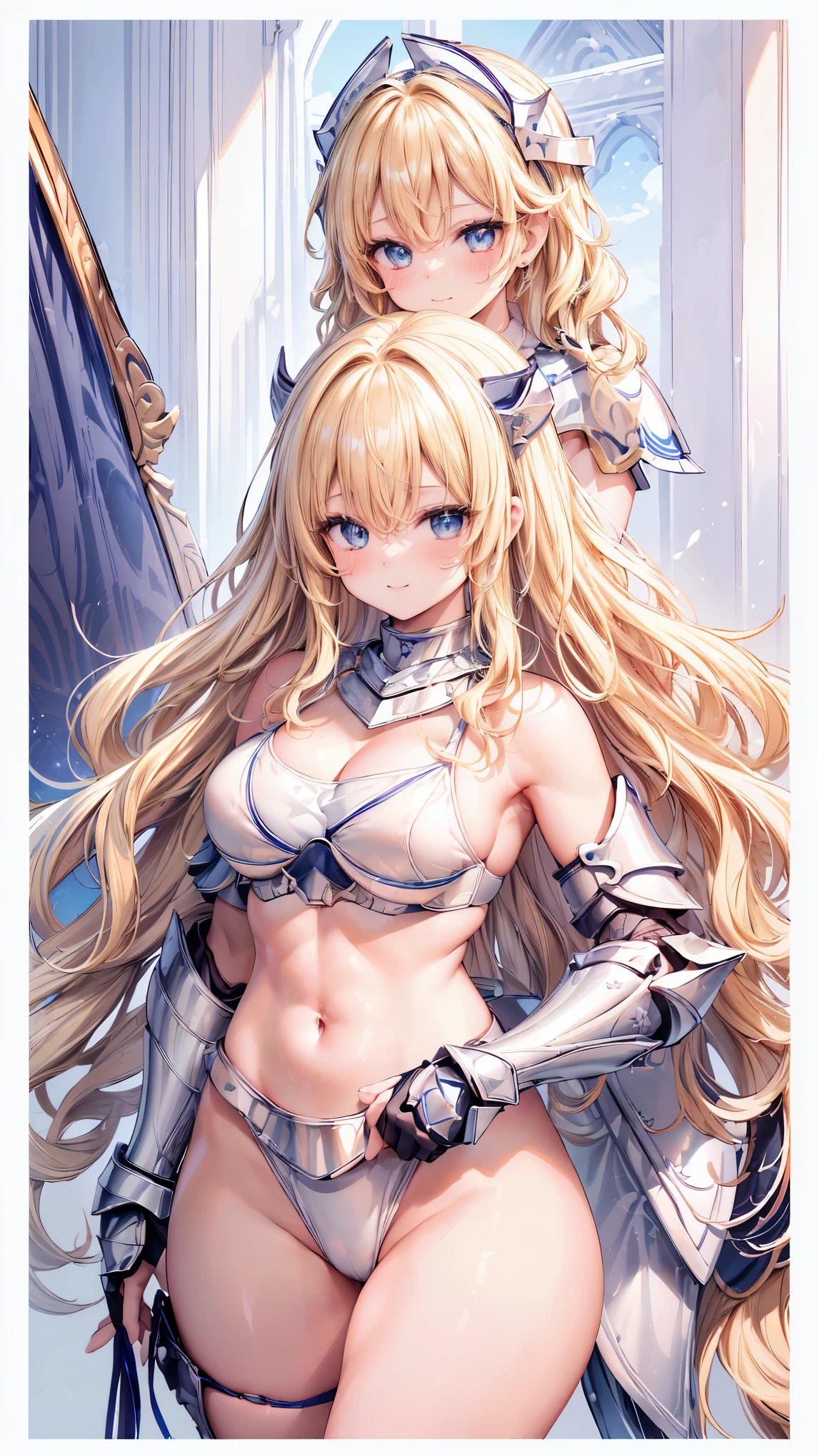 Very detailed、highest quality、Best image quality、masterpiece、8k、Anime Face、A kind smile、Open your mouth、Sparkling blue eyes、(Blonde wavy hair:1.5)、、Muscles of the whole body、camisole、Thigh belt、mini skirt、(Wearing white bikini armor:1.5)、(Cowboy Shot:1.5)、(Leg armor:1.5)