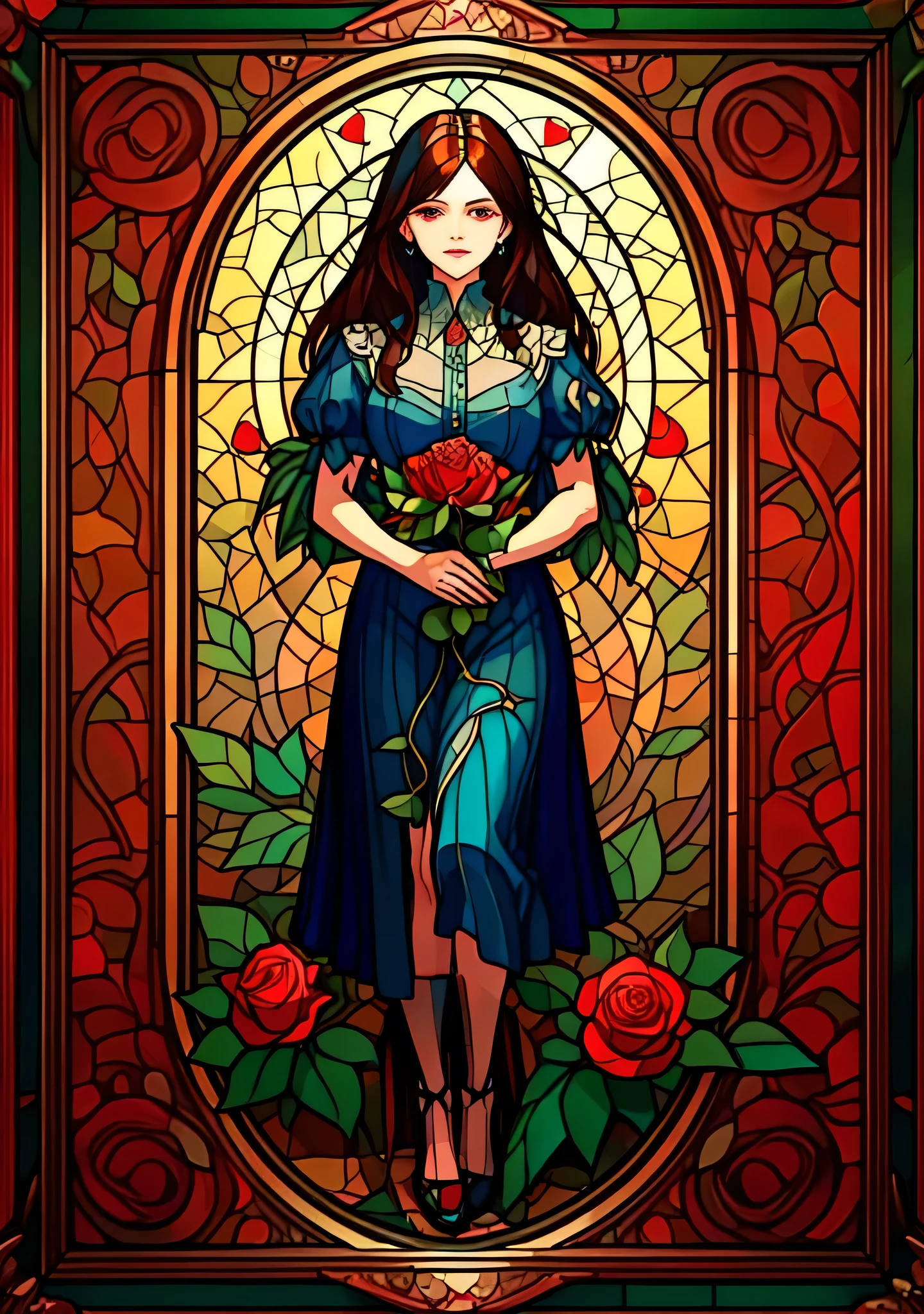 (masterpiece:1.2), Best quality, a high resolution, unity 8k wallpaper, (illustration:1.2), Rose:1.2, Rose in stained glass style:1.2