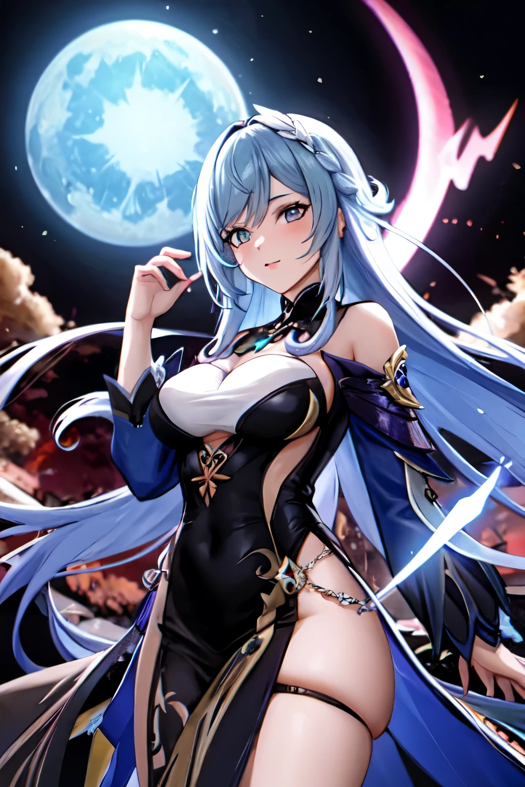 1 garota, roupas japonesas, rabo de cavalo ,cabelo branco, olhos roxos, magic circle, fogo azul, chamas azuis, papel de parede, paisagem, Sangue, profundidade de campo, noite, light particles, raios de luz, side lighting, Impacto Genshin, jaqueta aberta, saia, Coxas, nuvem