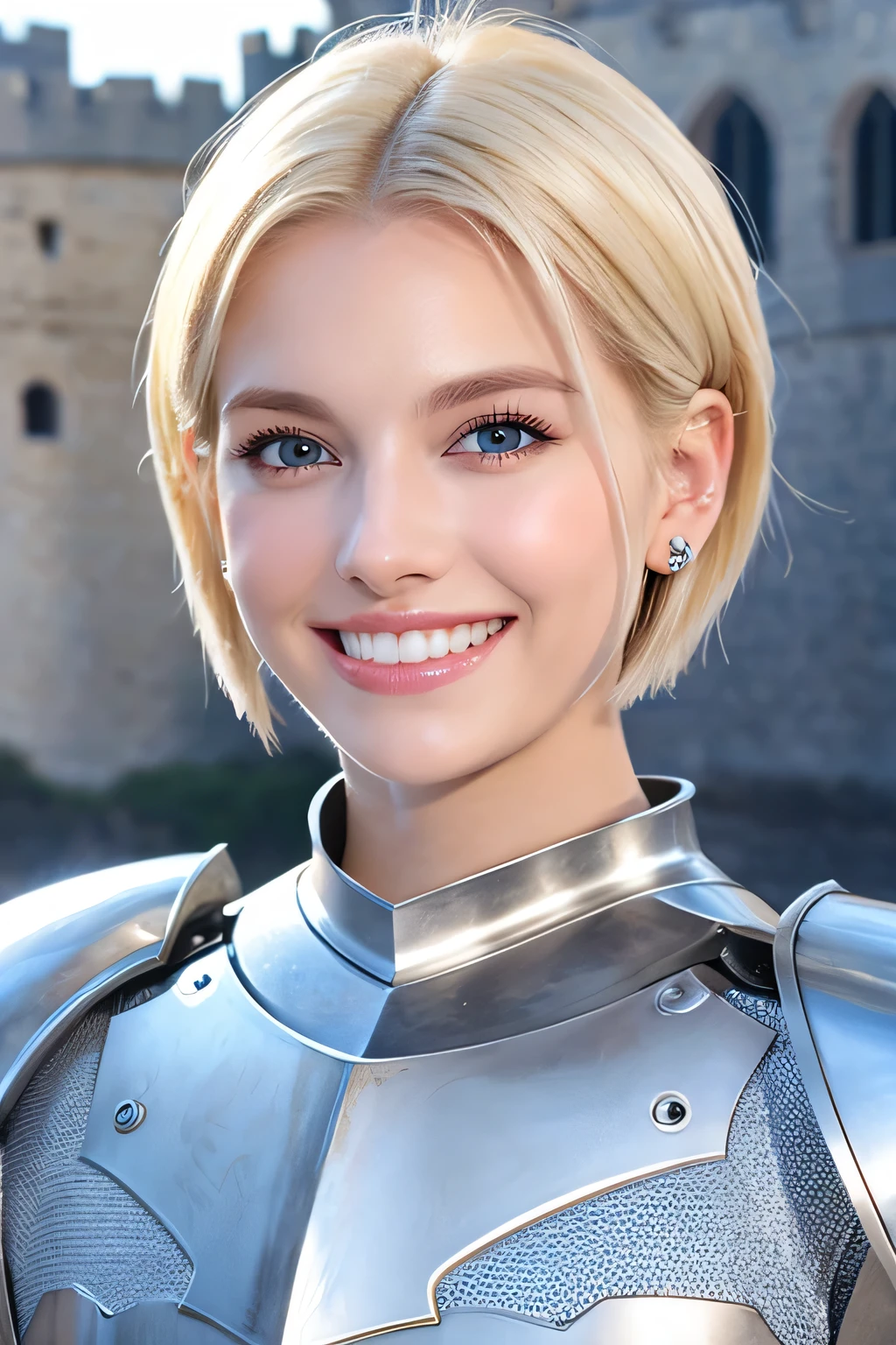 ８Ｋ、highest quality、female knight、Luxurious Silver Armor、、hairstyle short cut、smile、beautiful teeth、full body photo、ear piercing、blonde、white woman、blue eyes、heavy makeup、The background is inside the castle

