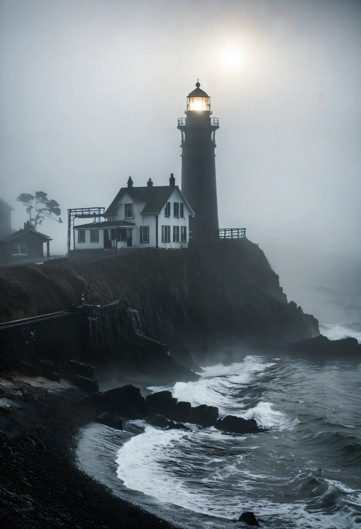 Photo of a coastal town engulfed in thick fog, eerie shadows lurking within the mist, The silhouette of a decrepit lighthouse stands sentinel over the mist-covered sea, amazing quality, masterpiece, best quality, hyper detailed, ultra detailed, UHD, perfect anatomy, portrait, dof, hyper-realism, majestic, awesome, inspiring, sinister Dark, cinematic, deep blacks, Perfect Hands, cinematic composition, soft shadows, national geographic style