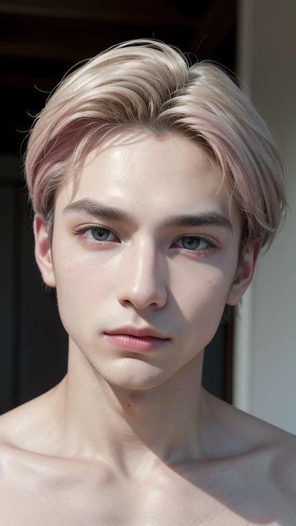 "Generate an image of a handsome young man with makeup that gives him a porcelain-like appearance, emphasizing flawless, smooth skin. His features are impeccably sculpted, with softly contoured cheekbones and perfectly arched eyebrows. His complexion is pale and luminous, reminiscent of fine china, with no blemishes or imperfections in sight. His lips are painted a subtle shade of pink, adding a touch of color to his otherwise ethereal visage. With a serene expression, he gazes into the distance, radiating an air of timeless elegance and beauty." white short hair, happy expression