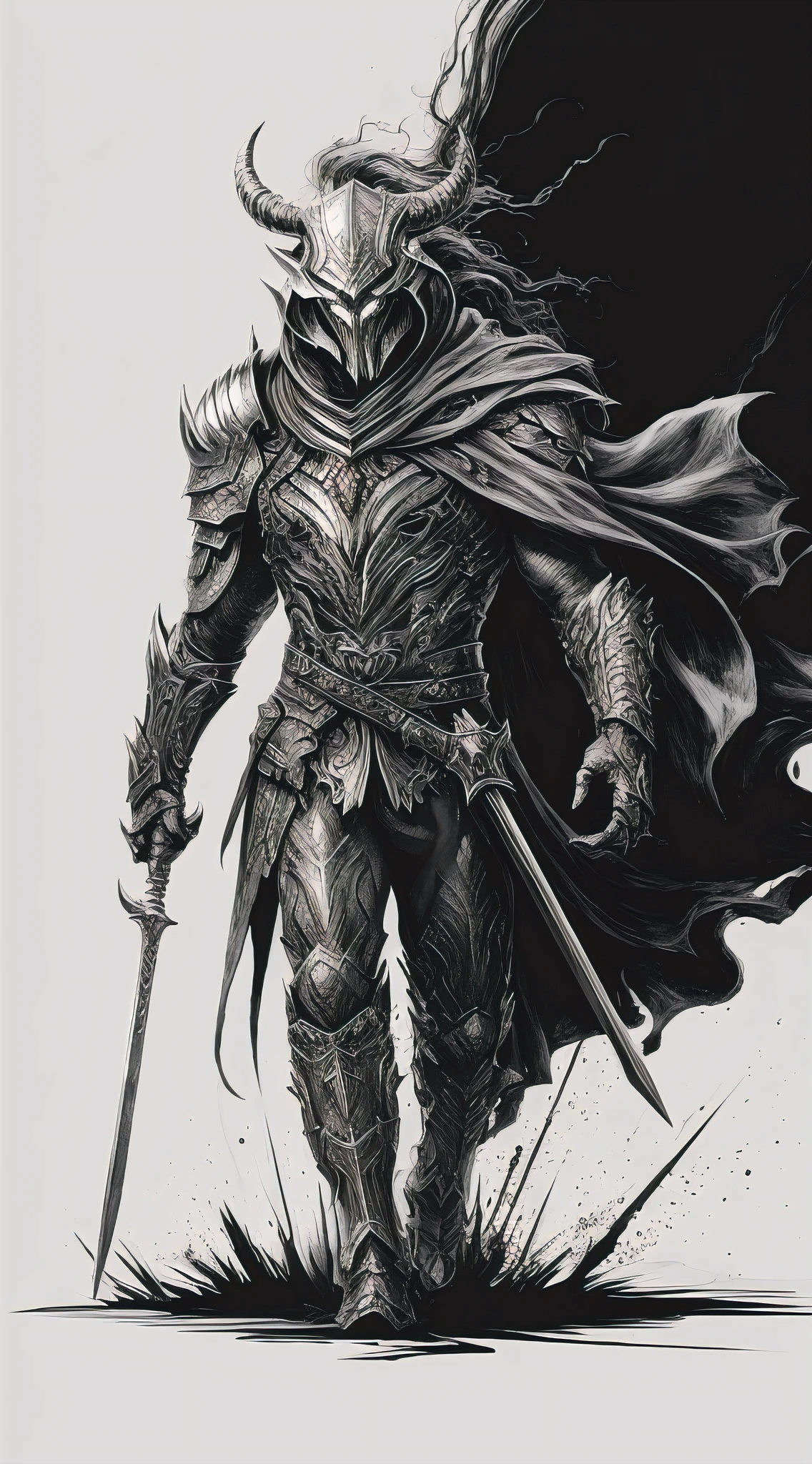 A striking black and white full-body sketch of an enigmatic, ancient Reaper-like creature. The figure has an abstract half-demon skull with fiery blue eyes and wears intricate medieval metal armor and a flowing cloak. The detailed sketch utilizes overlapping lines to create a textured, layered appearance. The Reaper-like creature's intense gaze and menacing sword pose command the viewer's attention, emanating a sense of brooding intensity. The simplistic white background accentuates the creature's dominance in the scene, while the overall atmosphere is dark and conceptual. The sketch exudes a sense of vibrant energy and destructive power, as if the creature is leaving a trail of chaos in its wake., painting, portrait photography, dark fantasy, conceptual art, illustration