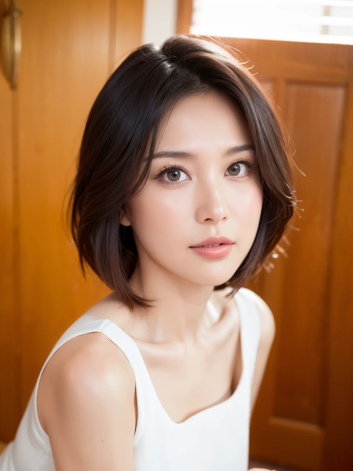最high quality, 8k, Masseter muscle area, Vibrant, Sharp focus, high quality, High resolution, alone, Middle-aged women, Beautiful woman, Age 35, Whole Body Ezbian, Wearing high heels, Highly detailed face, Highly detailed eyes, Thick lips, ((Looking at the audience)), Standard body type, Short black hair, Clothing with a small opening in the chest area、、